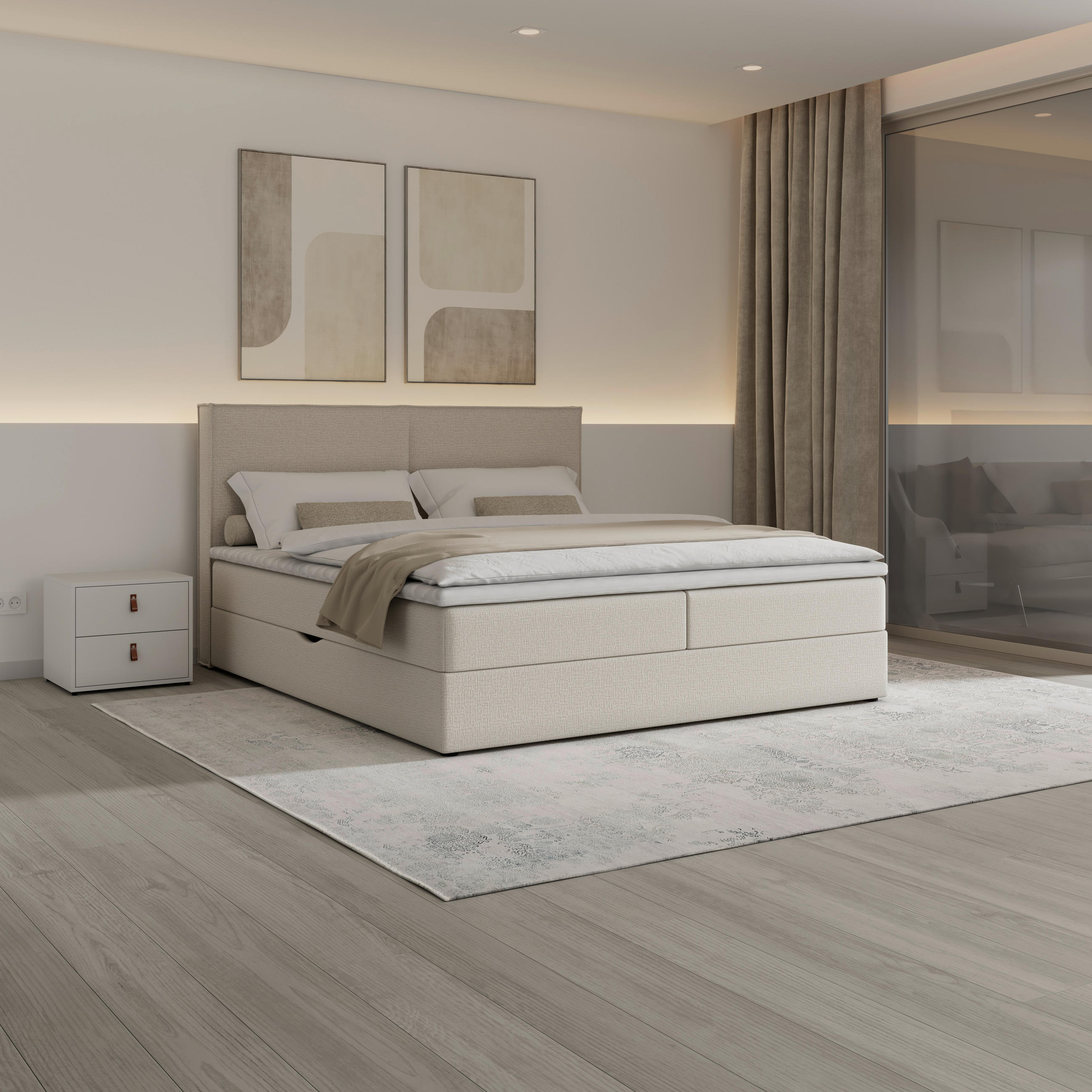 BOXSÄNG 180/200 cm  i cremefärgad  - svart/cremefärgad, Modern, trä/textil (180/200cm) - Visionight