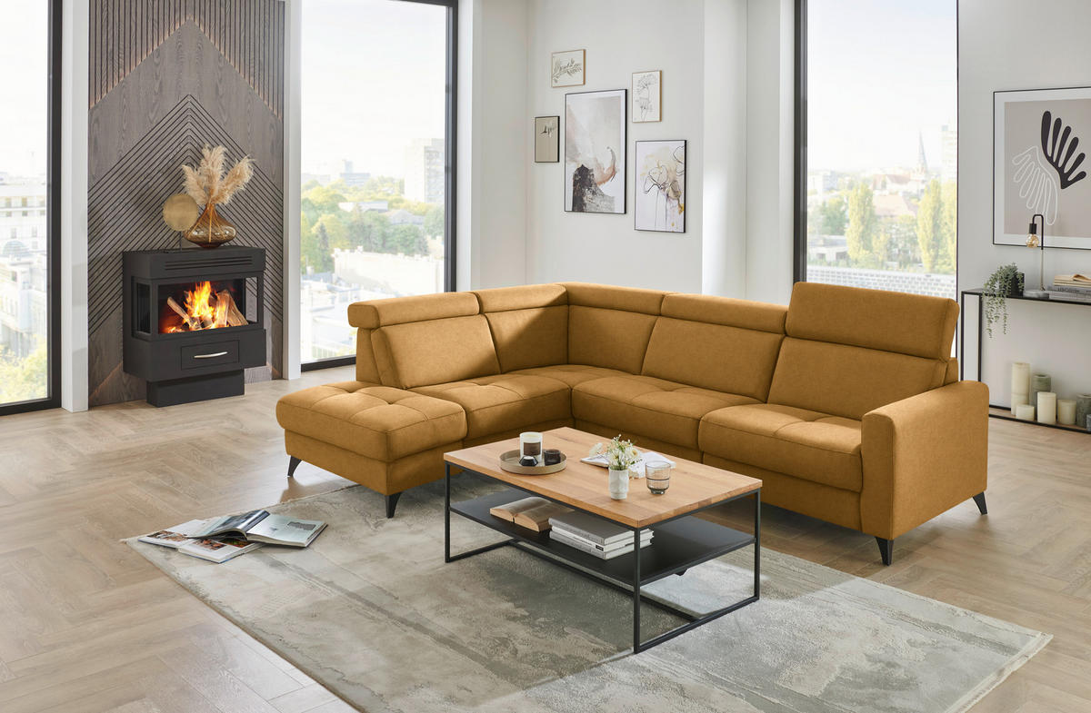 ECKSOFA Flachgewebe Currygelb  - Currygelb/Schwarz, Konventionell, Textil/Metall (214/276cm) - Beldomo System