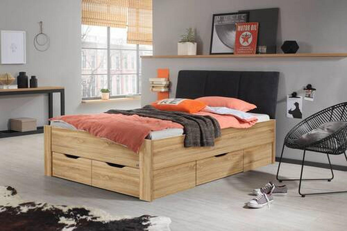 STAURAUMBETT 120/200 cm  Sonoma Eiche   - Schwarz/Sonoma Eiche, Design, Holzwerkstoff/Textil (120/200cm) - Xora