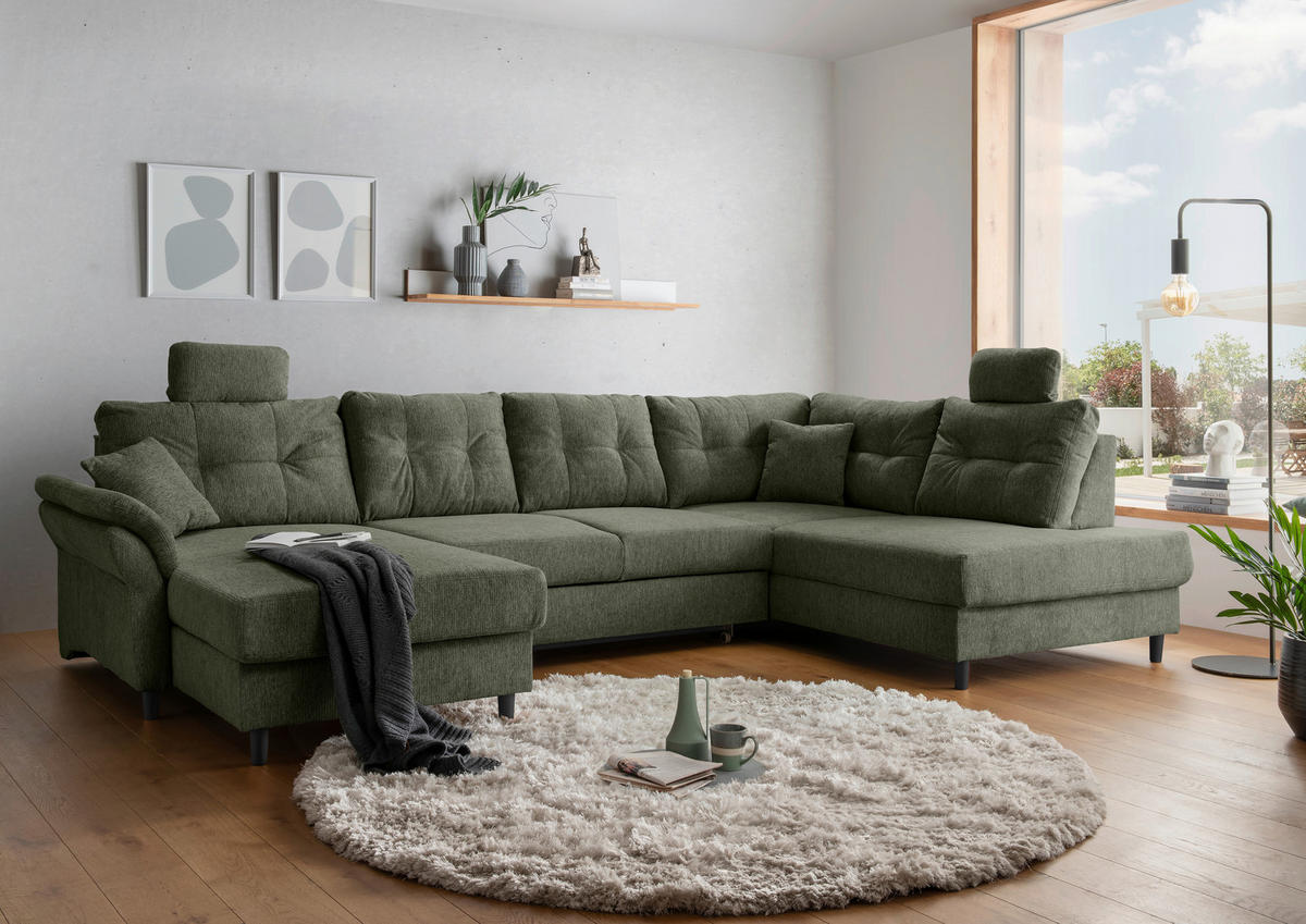WOHNLANDSCHAFT in Chenille Dunkelgrün  - Dunkelgrün/Schwarz, Modern, Holz/Textil (176/338/206cm) - Livetastic