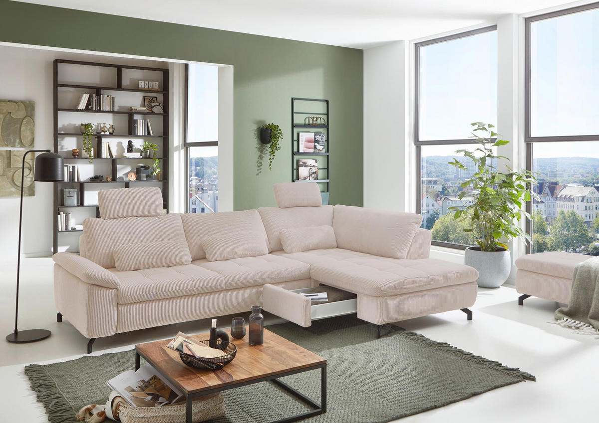 ECKSOFA in Cord, Velours Hellbraun  - Hellbraun/Schwarz, Design, Textil/Metall (291/197cm) - Beldomo Style