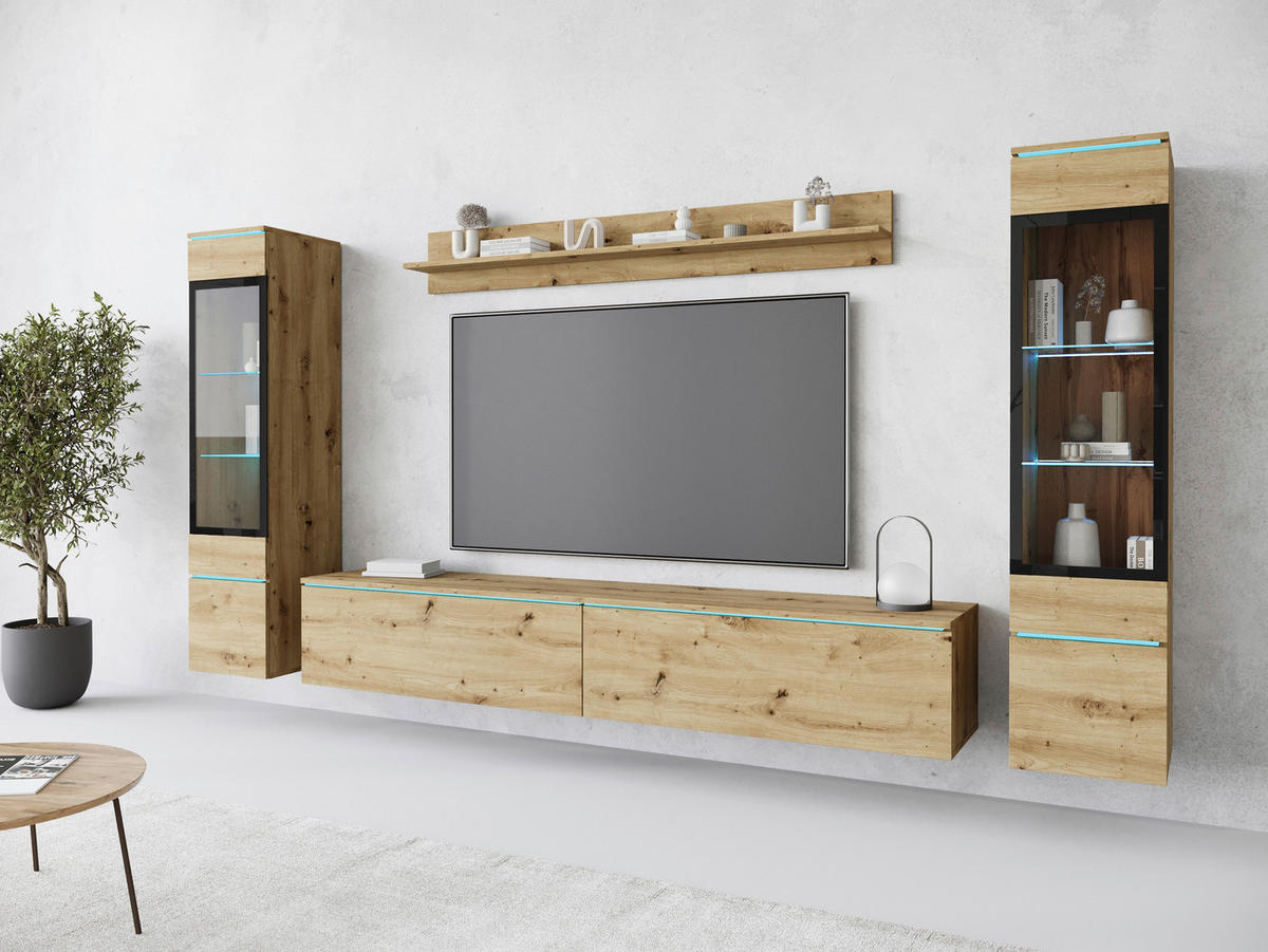 WOHNWAND 4-teilig  in Eiche Artisan 240/130/33 cm  - Eiche Artisan/Grau, Basics, Glas/Holzwerkstoff (240/130/33cm) - Livetastic