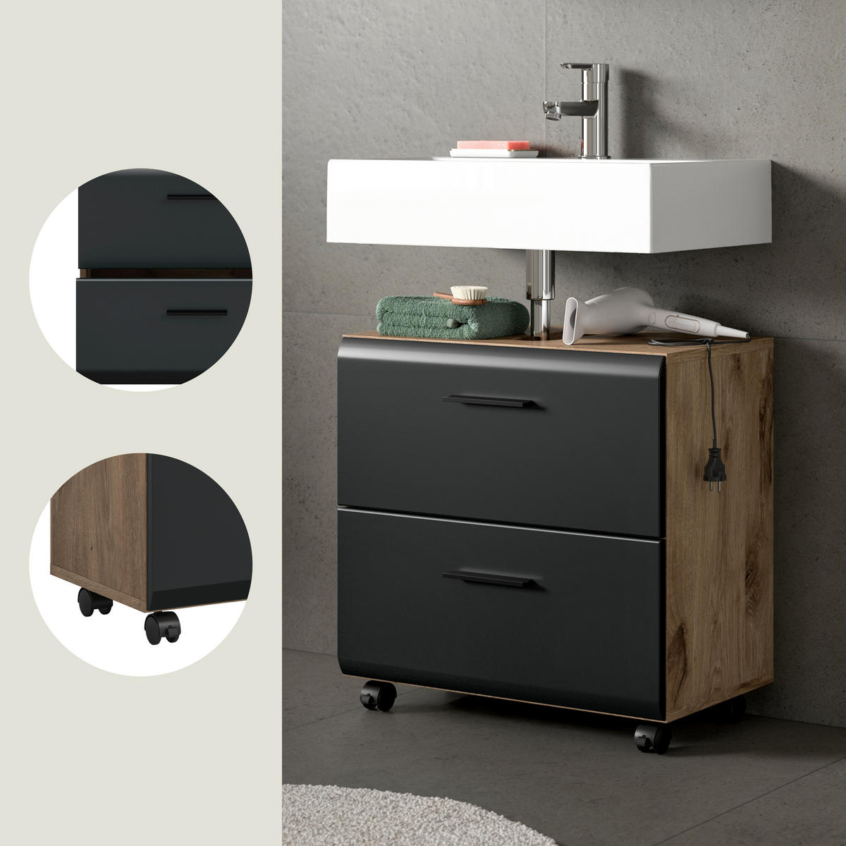 WASCHBECKENUNTERSCHRANK 60/58/30 cm  - Eiche dunkel/Schwarz, Trend, Holzwerkstoff/Kunststoff (60/58/30cm) - MID.YOU