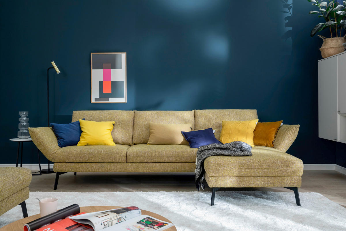 ECKSOFA Gelb Flachgewebe Rücken echt, Armteilverstellung, Relaxfunktion, Drehsitzfunktion  - Gelb/Schwarz, Design, Textil/Metall (277/175cm) - Schöner Wohnen