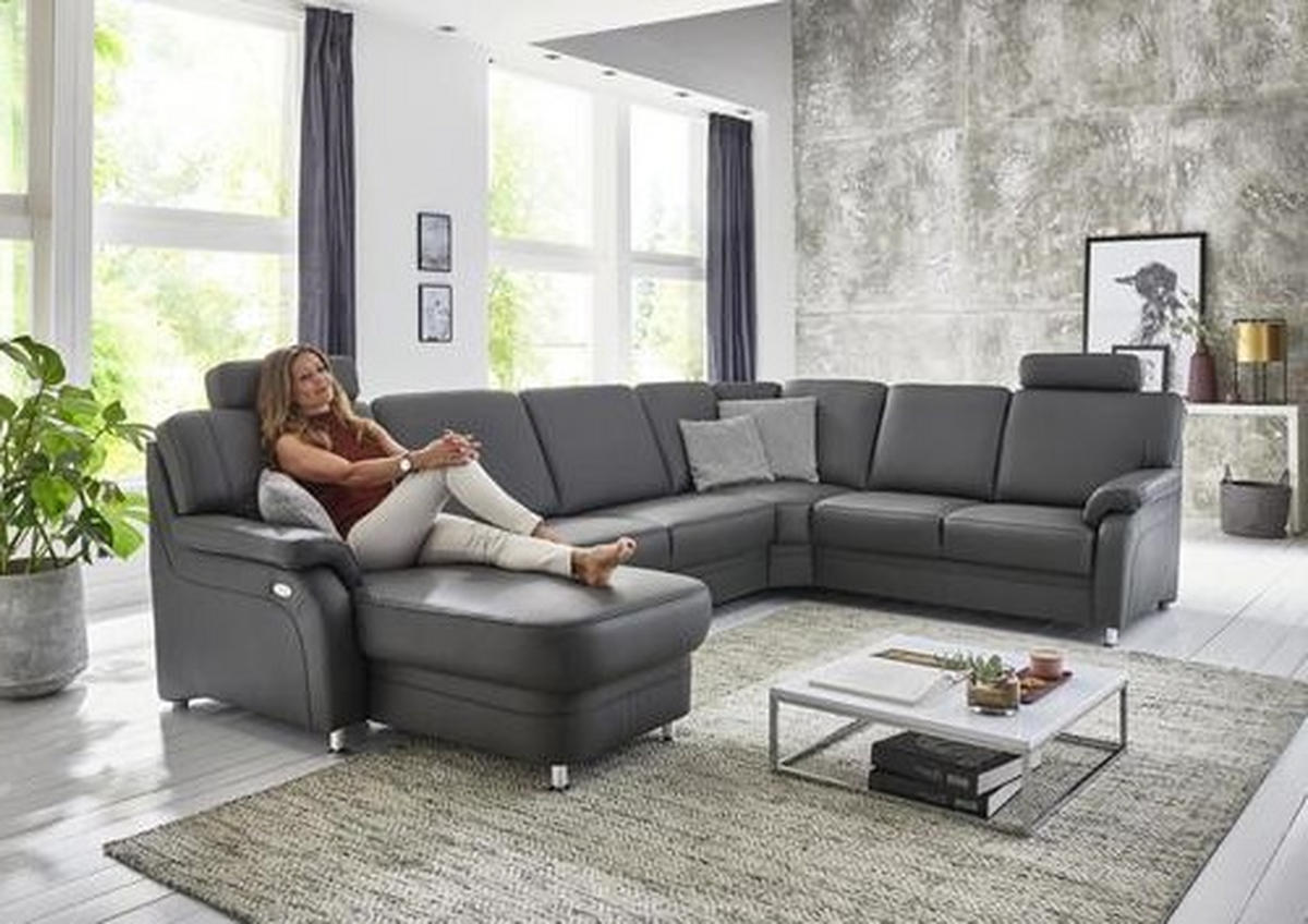 WOHNLANDSCHAFT Anthrazit Echtleder  - Anthrazit/Alufarben, KONVENTIONELL, Leder/Metall (165/329/239cm) - Beldomo Premium