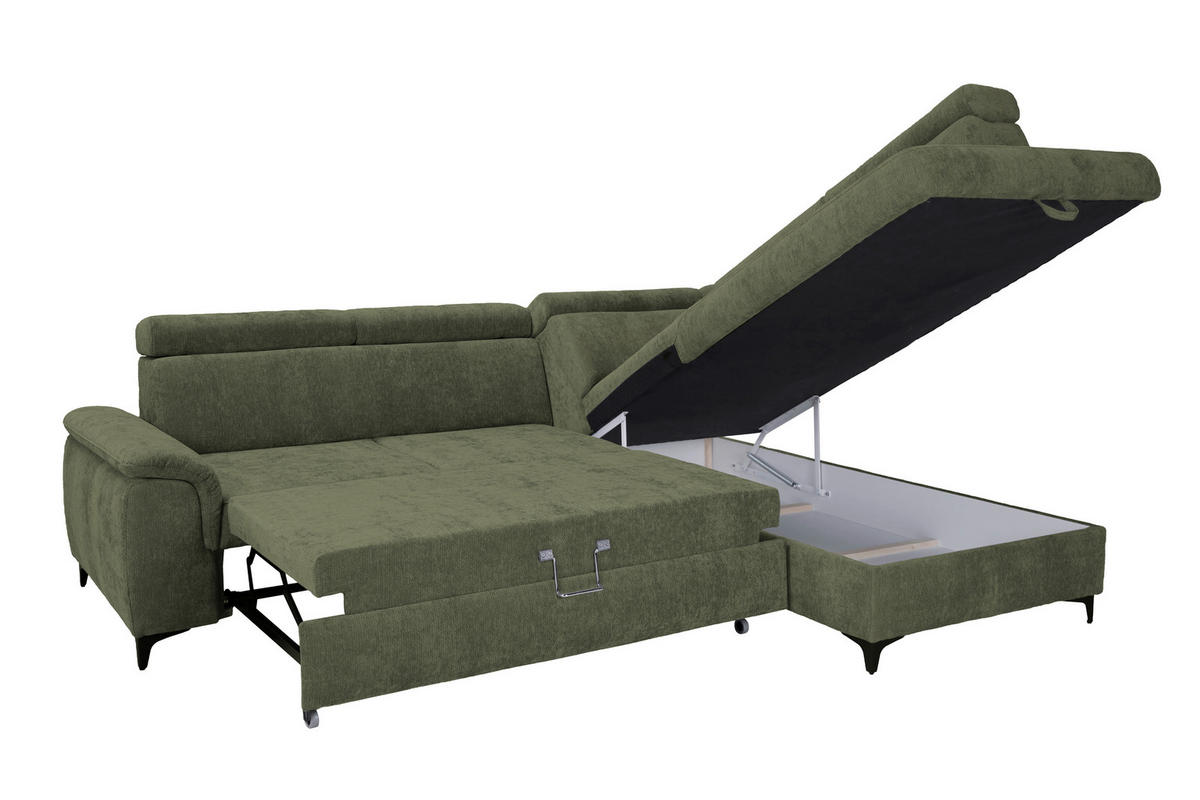 ECKSOFA Dunkelgrün Chenille Bettkasten, Schlaffunktion, Rücken echt, Kopfteilverstellung, Liegefläche im Originalstoff  - Dunkelgrün/Schwarz, KONVENTIONELL, Textil/Metall (265/206cm) - Carryhome