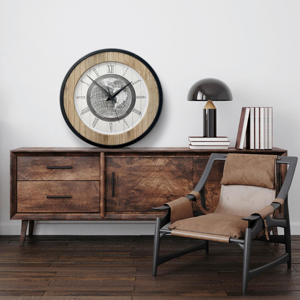 WANDUHR - Schwarz, Weiß, Eichefarben  - Eichefarben/Schwarz, Basics, Holz/Kunststoff (57cm)