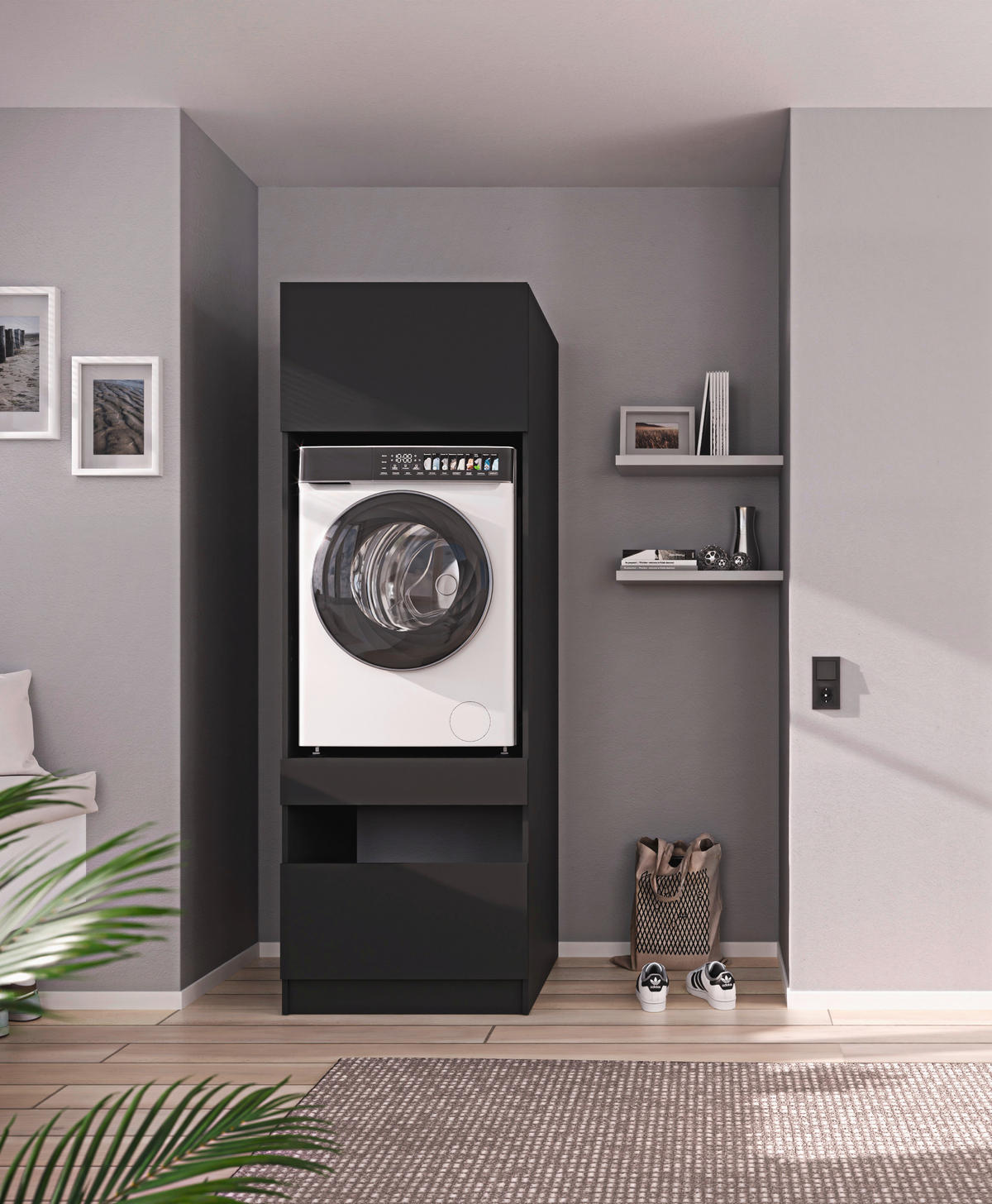 WASCHMASCHINENSCHRANK  68/200/68 cm  - Anthrazit/Schwarz, Design, Holzwerkstoff/Metall (68/200/68cm) - Milino