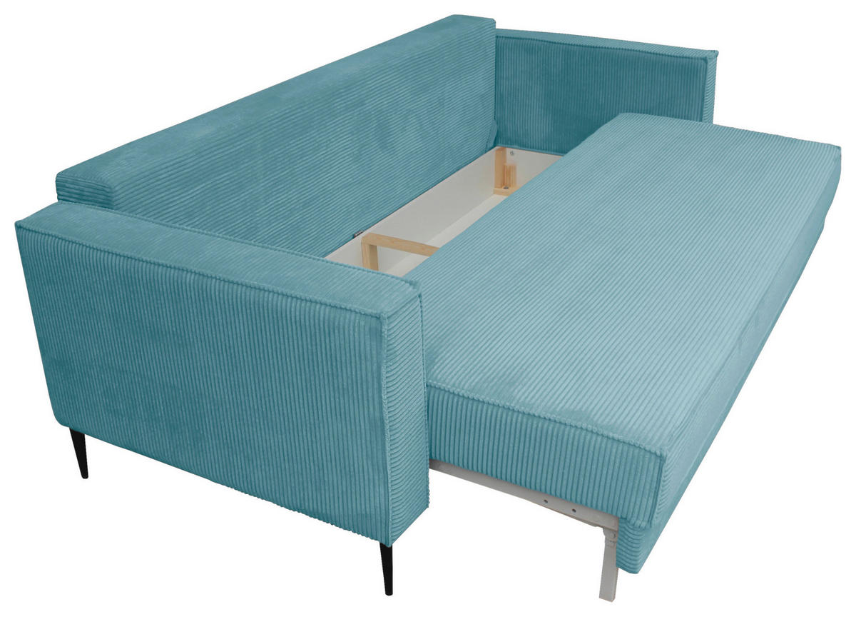 SCHLAFSOFA  mit Liegefunktion, Rücken echt, haustierfreundlicher Bezug Cord Türkis  - Türkis/Schwarz, KONVENTIONELL, Textil/Metall (222/93/98cm) - Carryhome