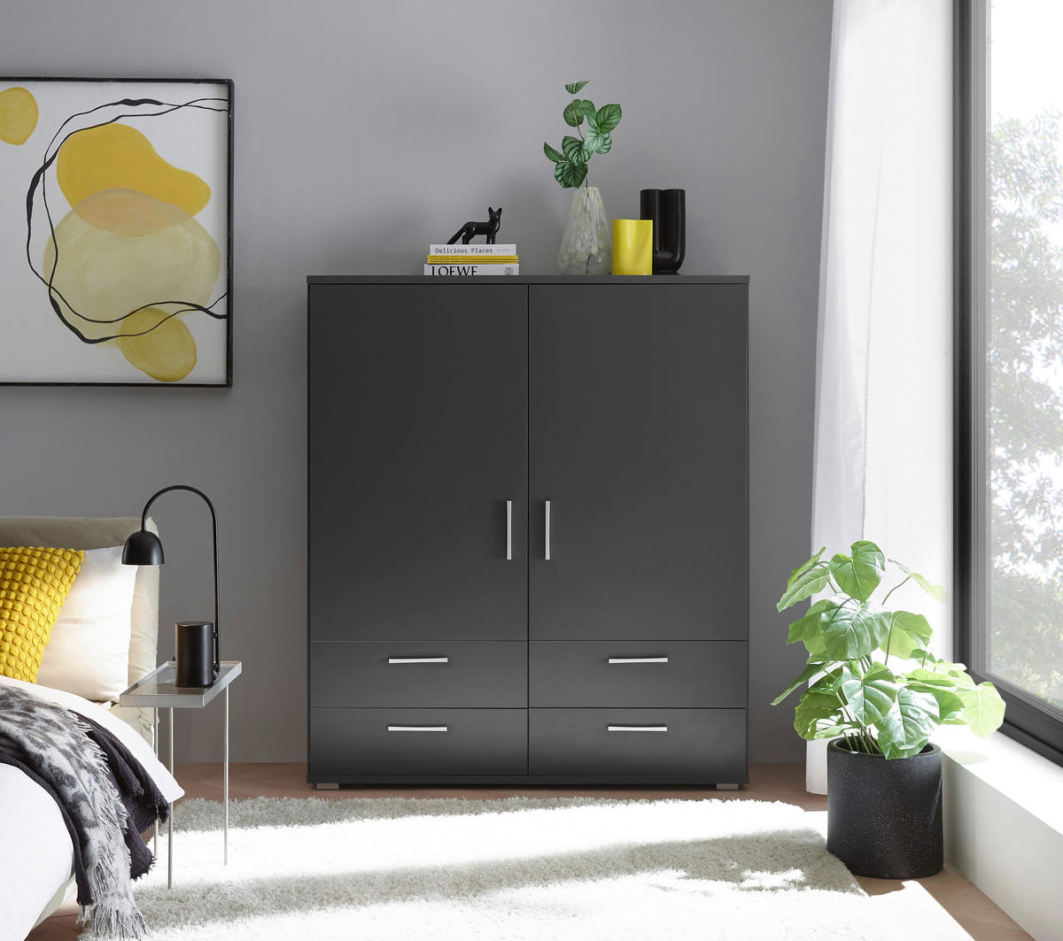 HÖG BYRÅ  120/140/38 cm 4 låda(or)  - aluminiumfärg/grafitfärgad, Klassisk, trämaterial/plast (120/140/38cm) - Carryhome