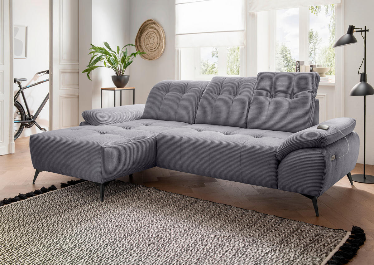 ECKSOFA FIORE in Cord Grau Kopfteilverstellung, Sitzvorzug  180/280 cm  - Schwarz/Grau, MODERN, Textil/Metall (180/280cm) - Livetastic