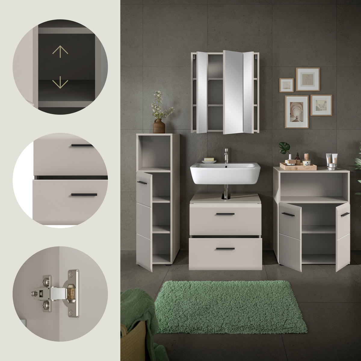 BADEZIMMER 4-teilig  in 150 cm  - Kaschmir/Schwarz, Trend, Glas/Holzwerkstoff (150cm) - MID.YOU