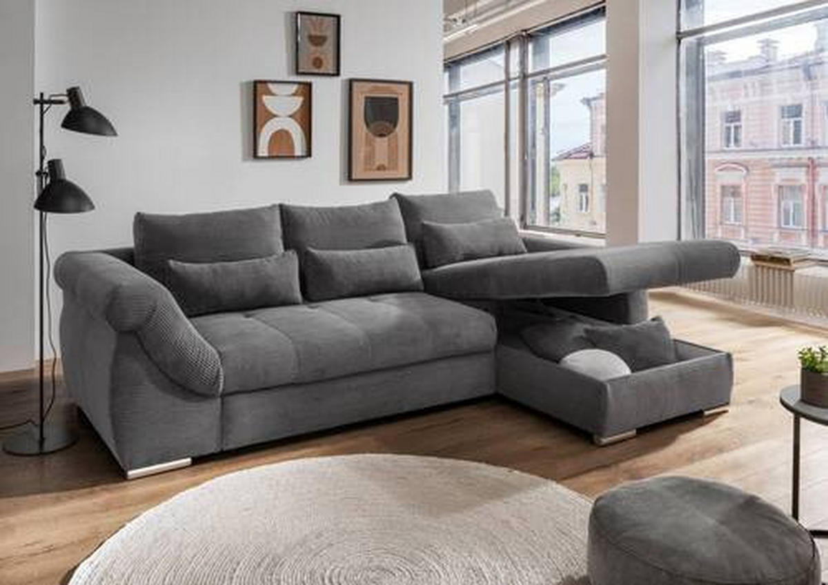 ECKSOFA Grau Cord  - Chromfarben/Grau, MODERN, Holz/Textil (302/188cm) - MID.YOU