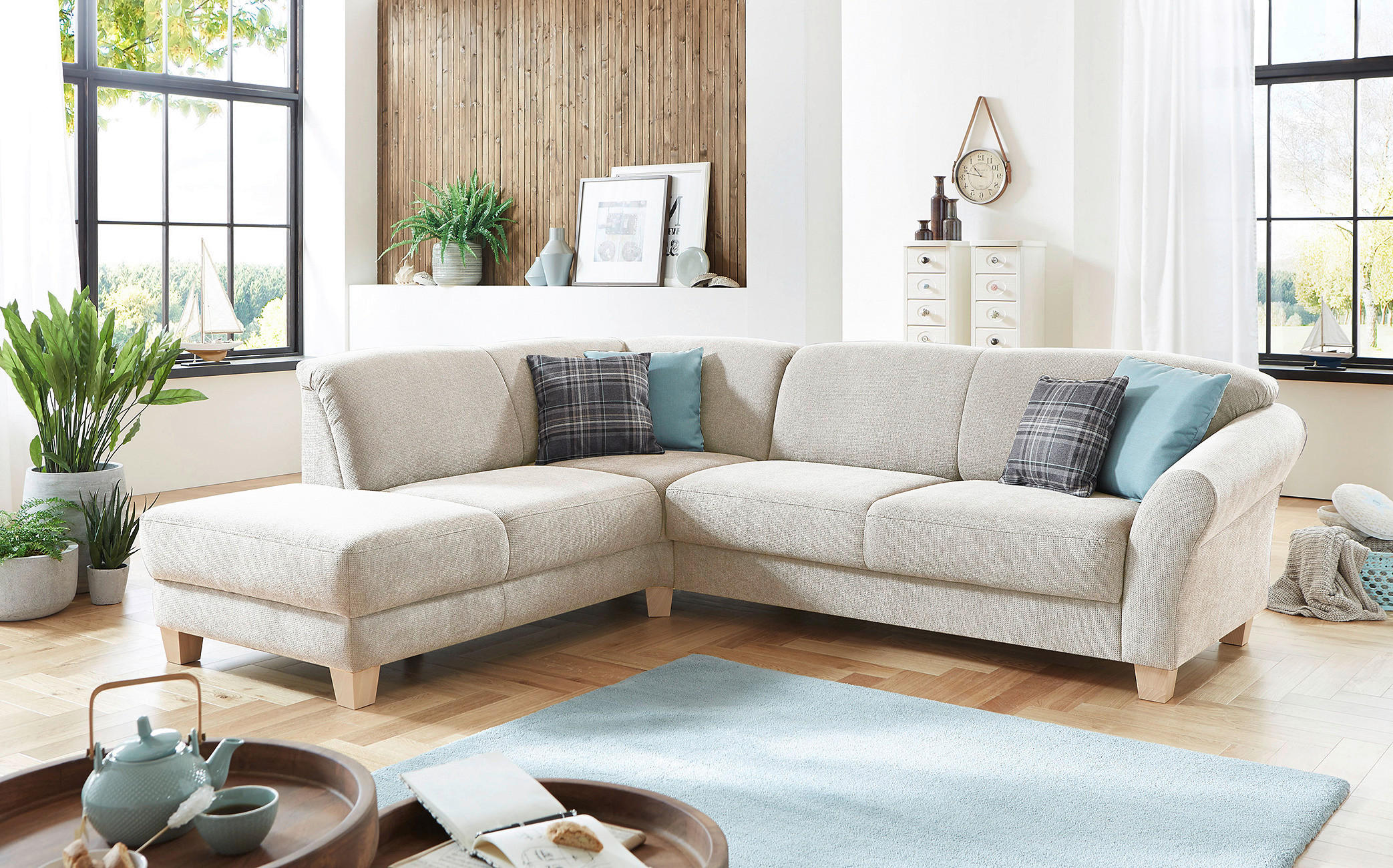 ECKSOFA Creme Flachgewebe Bettkasten, Sitztiefenverstellung  - Creme/Naturfarben, KONVENTIONELL, Holz/Textil (212/257cm) - Sit & More