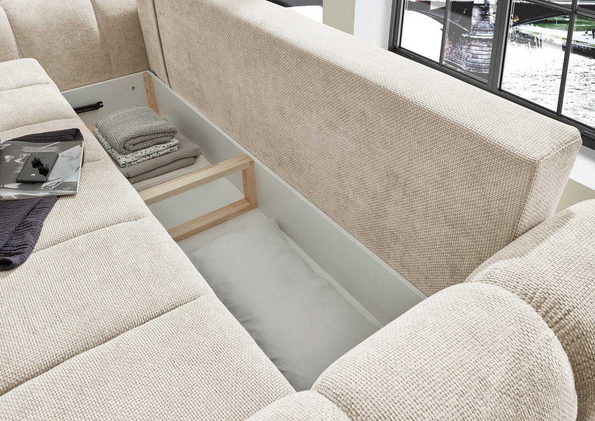 SCHLAFSOFA  mit Schlafen auf Sitzhöhe, Rücken echt, Armteil links, Armteil rechts Webstoff Beige  - Beige/Schwarz, Design, Kunststoff/Textil (256/76/112cm) - MID.YOU