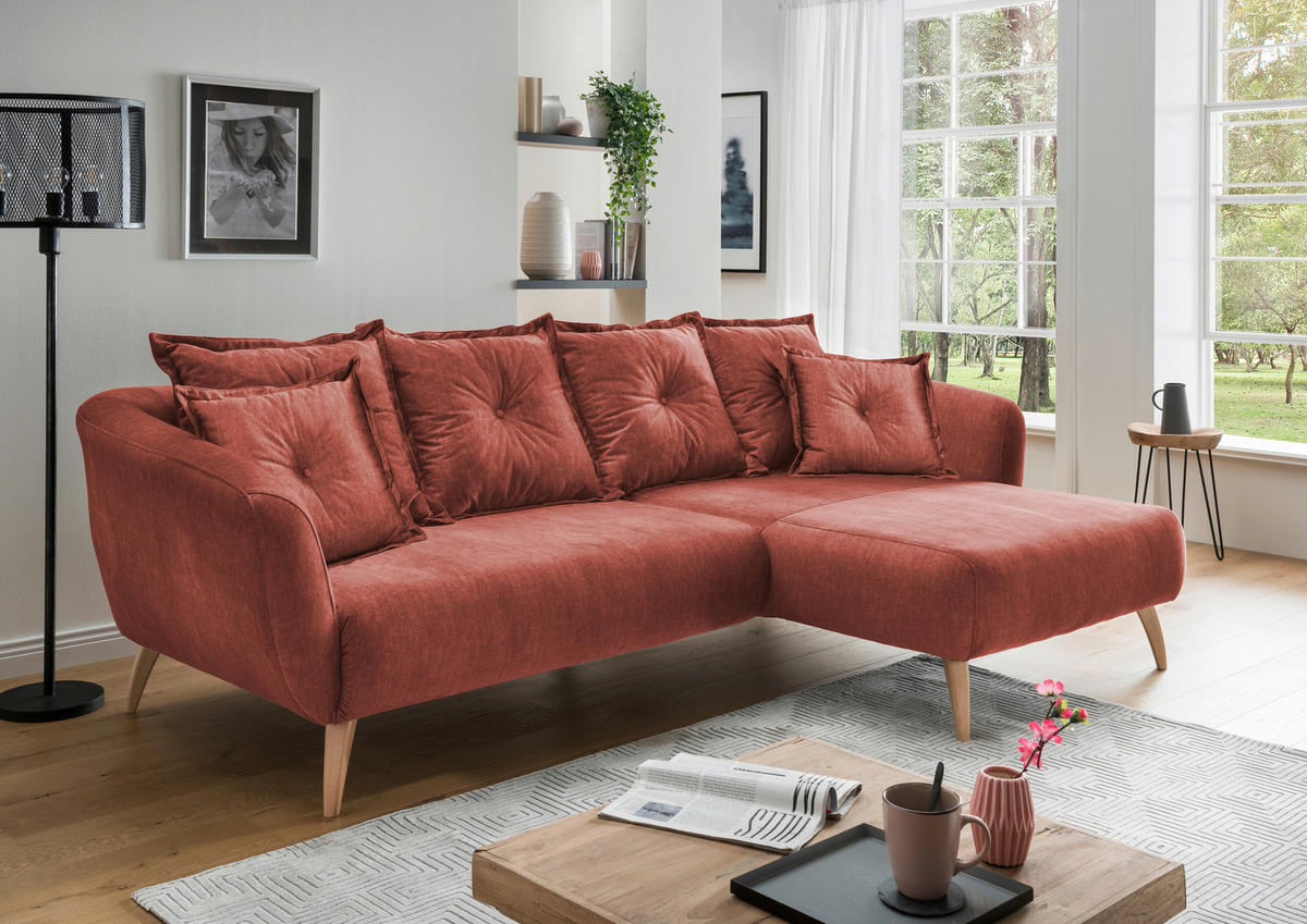 ECKSOFA in Velours Koralle  - Koralle/Buchefarben, Modern, Holz/Textil (277/162cm) - Livetastic
