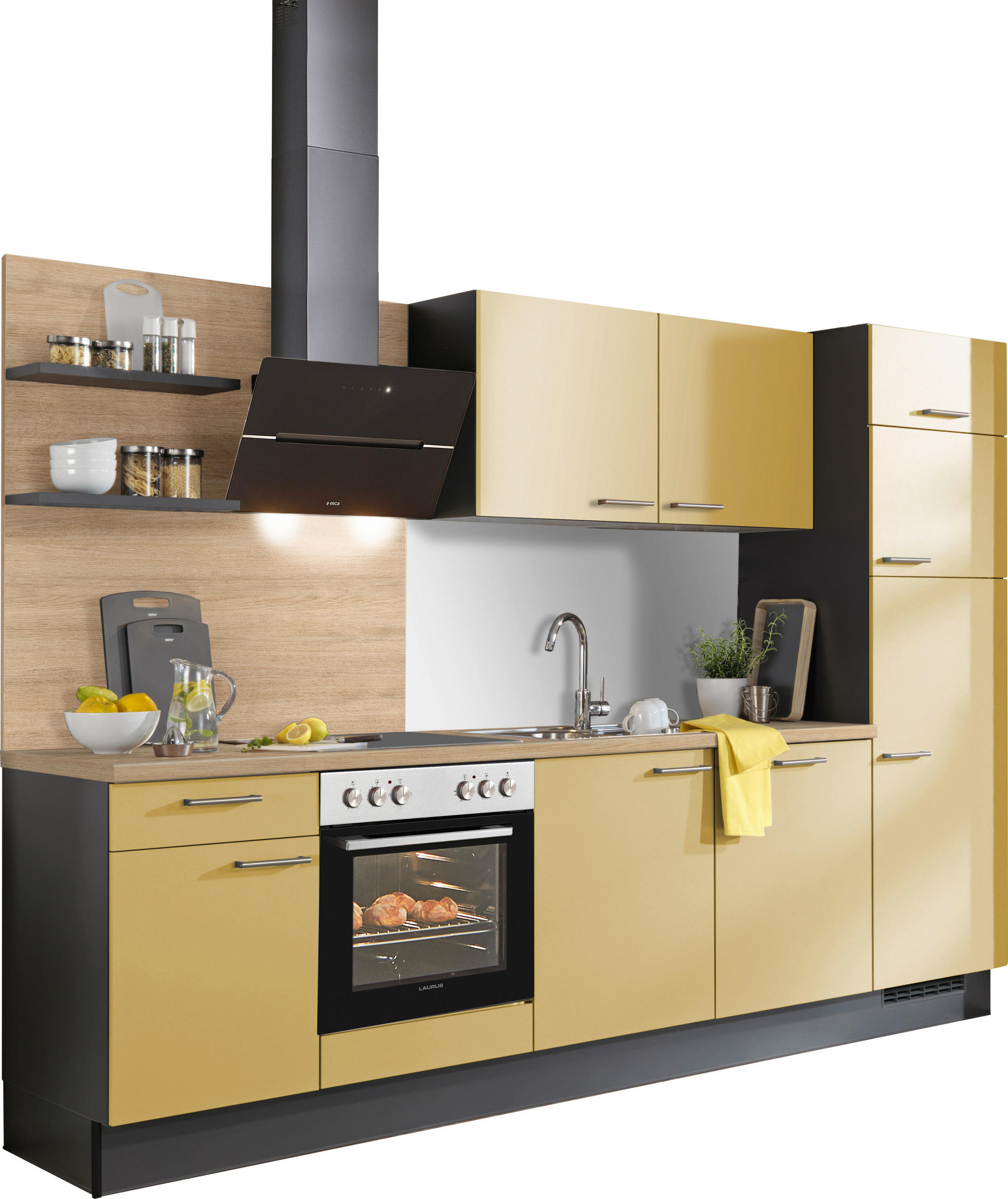 KÜCHENBLOCK 290 cm   in Graphitfarben, Eichefarben, Dunkelgelb  - Edelstahlfarben/Eichefarben, Design, Holzwerkstoff/Metall (290cm) - Xora