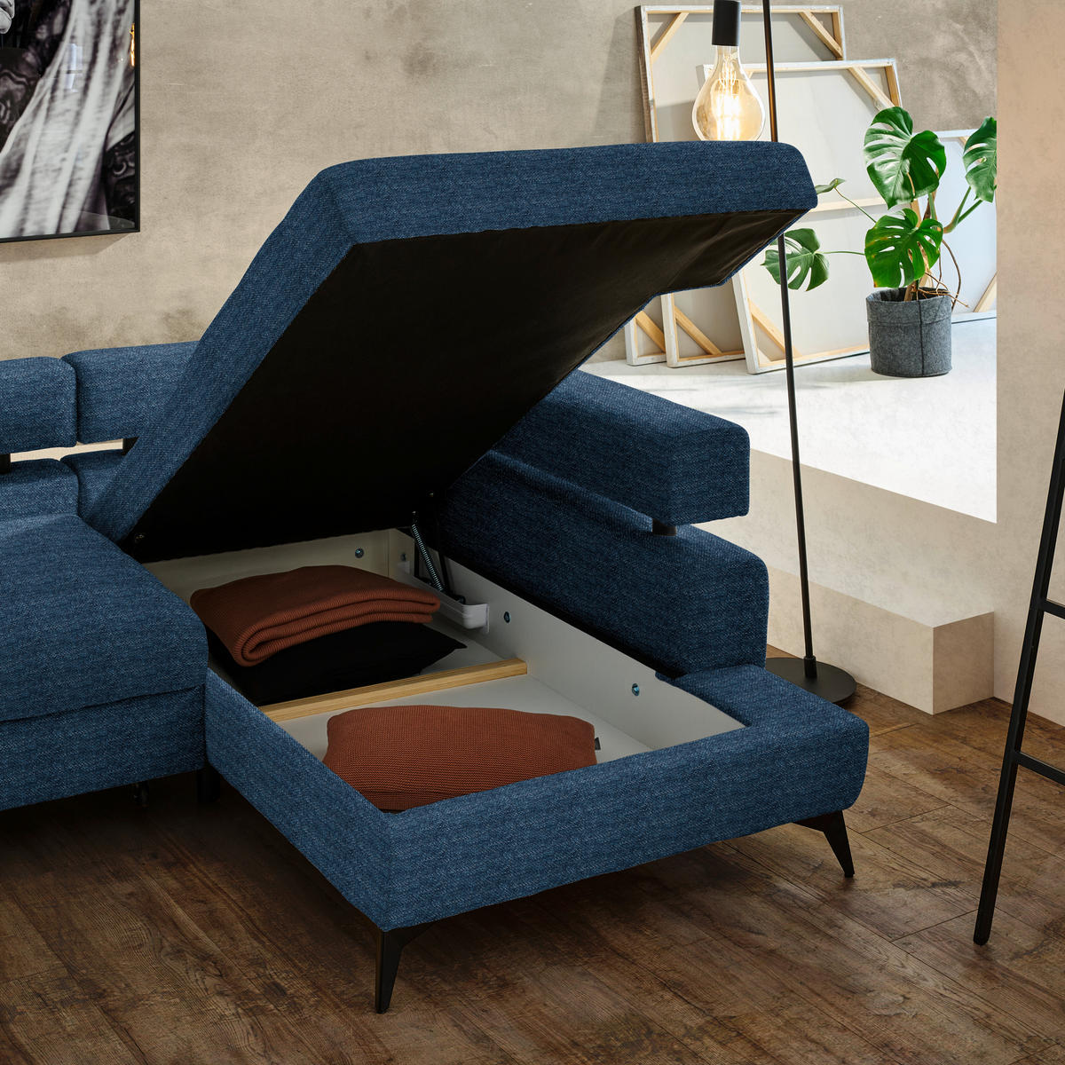 ECKSOFA in Chenille Dunkelblau  - Schwarz/Dunkelblau, Konventionell, Textil/Metall (265/184cm) - Hom`in