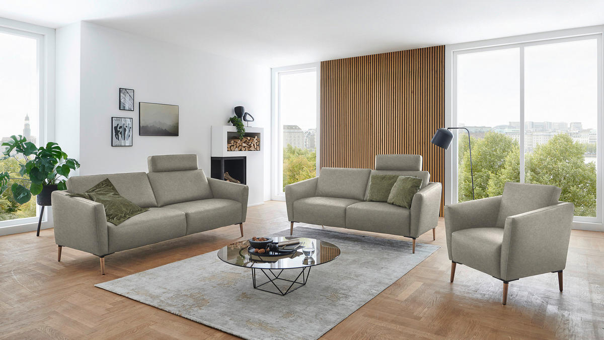 2-SITZER-SOFA  in Echtleder Hellgrau   - Eichefarben/Beige, Natur, Leder/Holz (207/86/87cm) - Valnatura