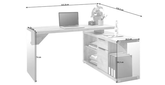 ECKSCHREIBTISCH 141,8/116,5/74 cm  in Eichefarben  - Chromfarben/Eichefarben, Design, Glas/Holzwerkstoff (141,8/116,5/74cm) - Novel