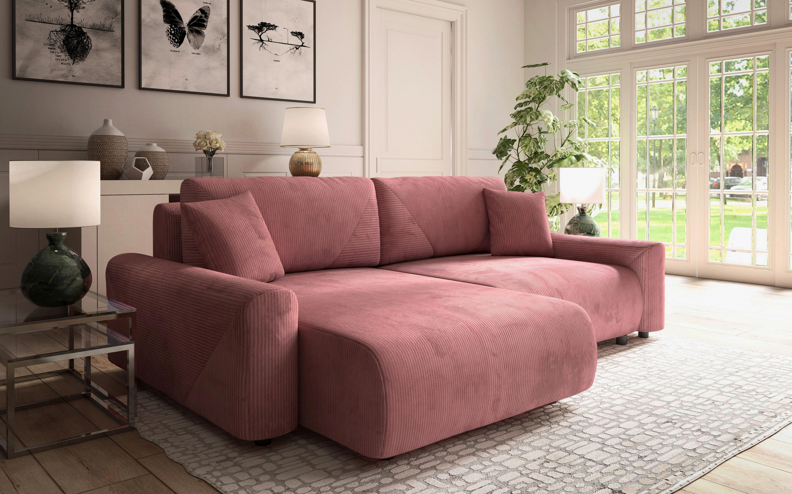 Ecksofa inkl. Funktion Rosa Cord  - Schwarz/Rosa, MODERN, Kunststoff/Textil (168/238cm) - Stylife