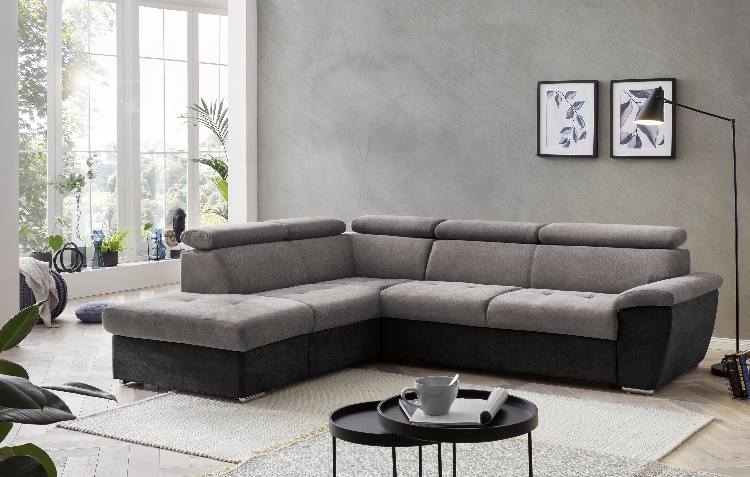 ECKSOFA in Mikrofaser Grau, Schwarz  - Chromfarben/Schwarz, Design, Textil/Metall (216/262cm) - Livetastic