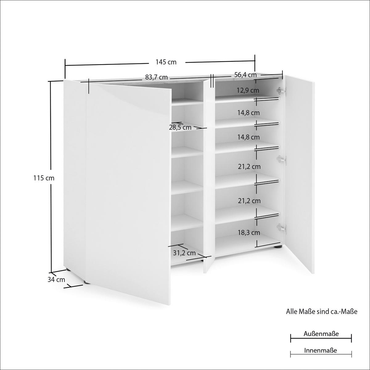SCHUHSCHRANK Weiß, Eichefarben  - Eichefarben/Schwarz, Design, Holzwerkstoff/Kunststoff (145/115/35cm) - Xora