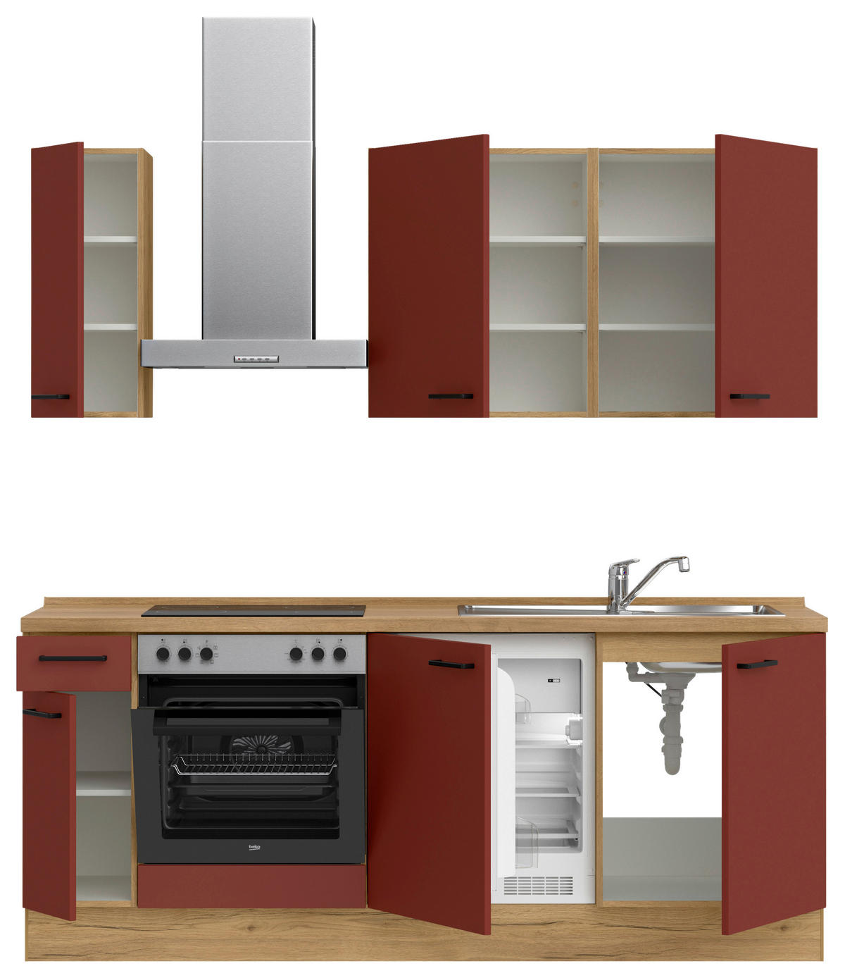 KÜCHENLEERBLOCK 210 cm   in Rot, Eichefarben  - Eichefarben/Rot, MODERN, Holzwerkstoff/Metall (210cm) - Nobilia