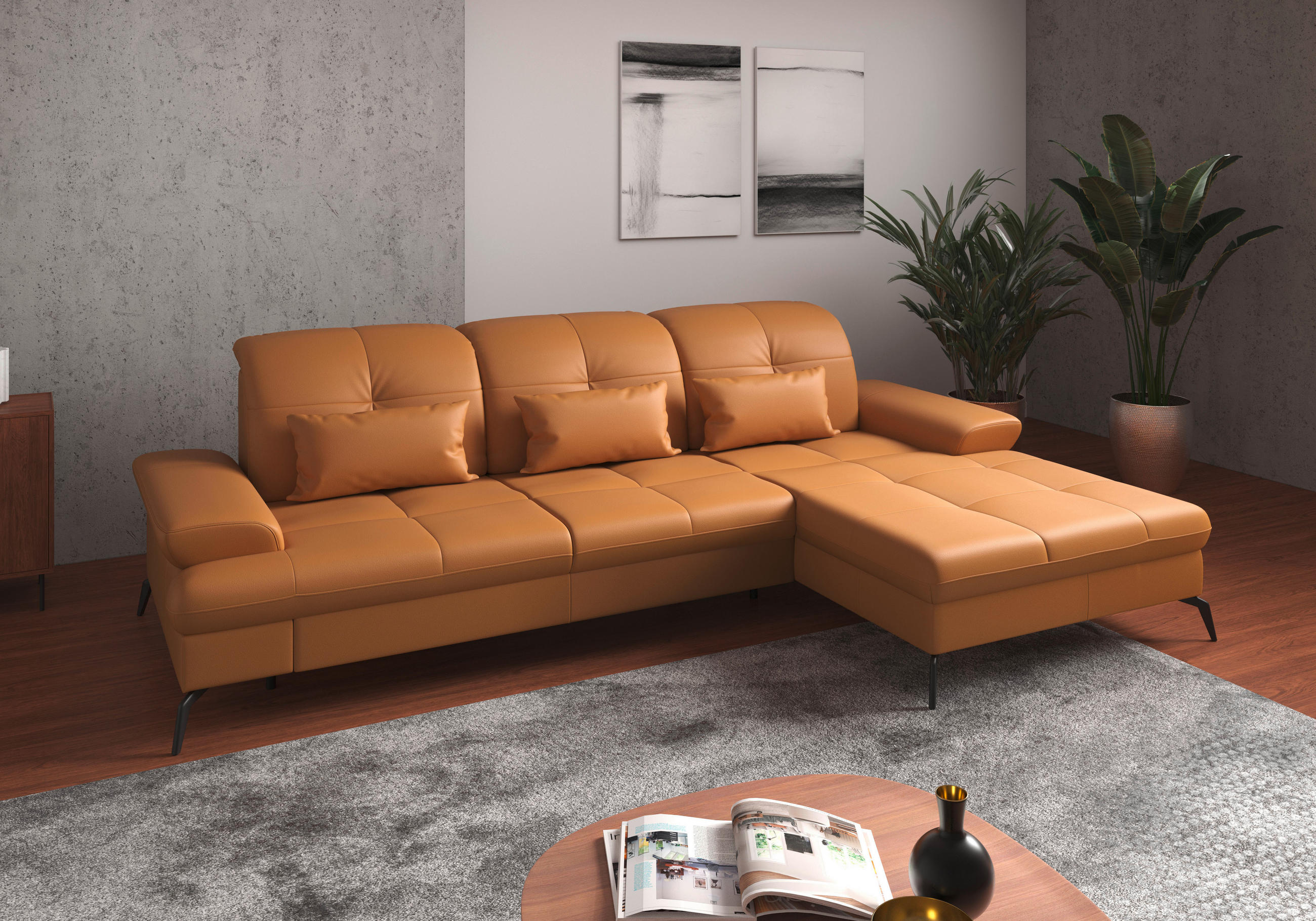 ECKSOFA Currygelb Kombination Echtleder/Stoff Vliesstoff  - Currygelb/Schwarz, KONVENTIONELL, Leder/Textil (279/185cm) - Sit & More