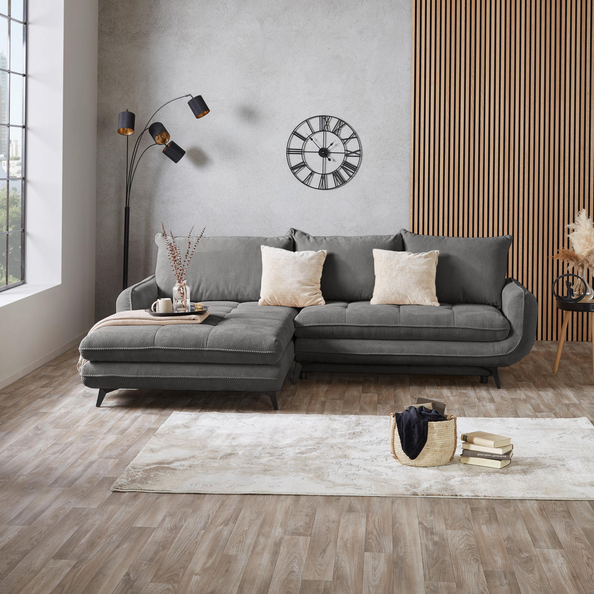 ECKSOFA WAVE Grau Struktur  - Beige/Schwarz, MODERN, Textil/Metall (189/266cm) - MID.YOU