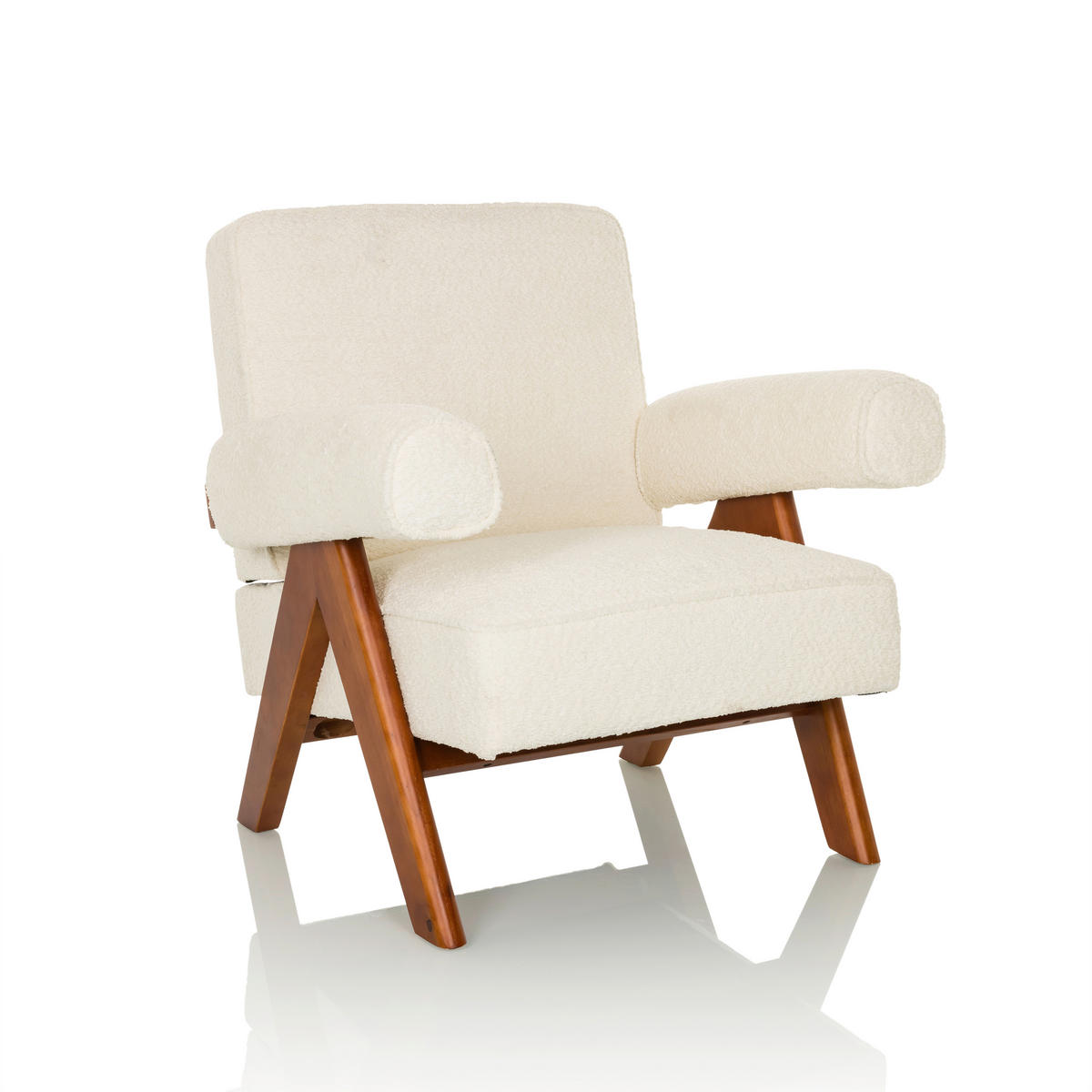LOUNGESESSEL Bouclé Weiß    - Weiß/Braun, MODERN, Holz/Textil (75/74/75cm) - MID.YOU