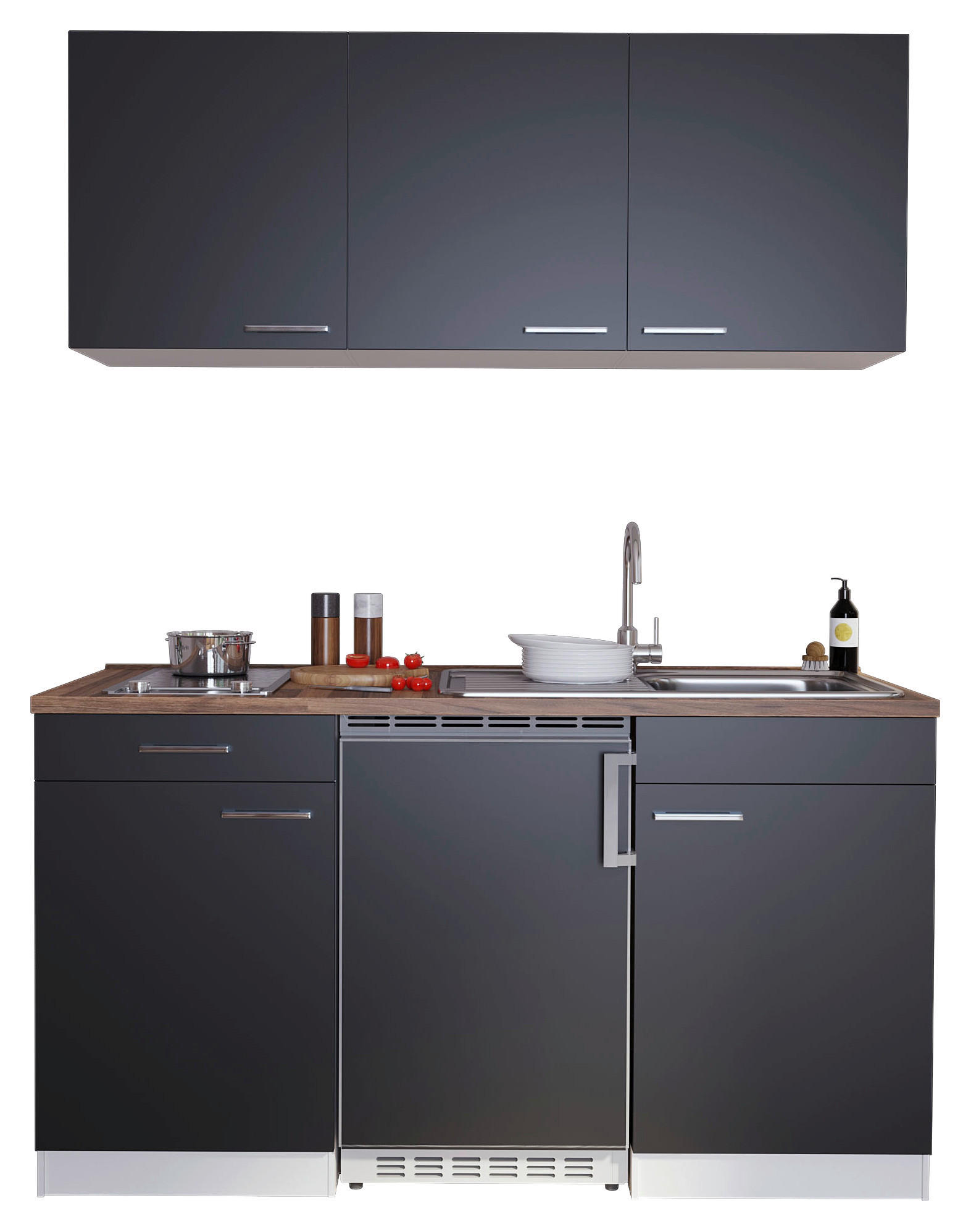 MINIKÜCHE 150 cm   in Schwarz  - Edelstahlfarben/Nussbaumfarben, Basics, Holzwerkstoff/Kunststoff (150cm) - Respekta