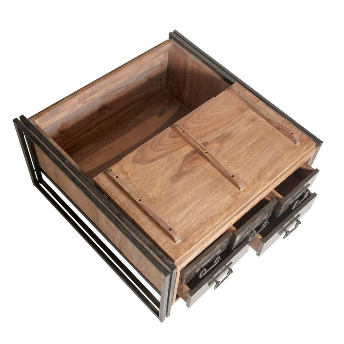 COUCHTISCH Akazie massiv 90/90/47 cm quadratisch Naturfarben, Schwarz  - Schwarz/Naturfarben, Design, Holz/Metall (90/90/47cm) - MID.YOU