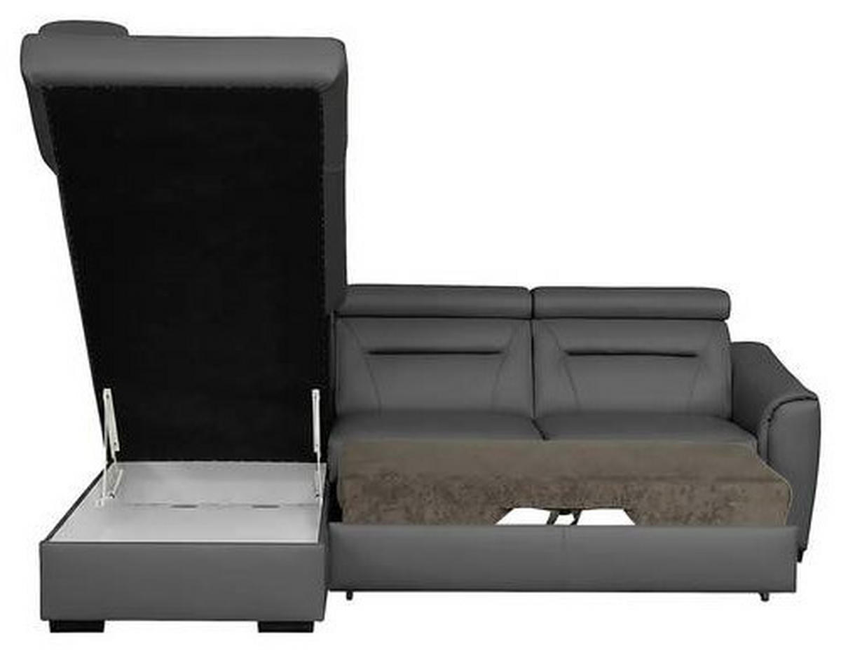ECKSOFA Anthrazit Echtleder Lederlook Bettkasten, Schlaffunktion, Rücken echt, Kopfteilverstellung  - Wengefarben/Anthrazit, Design, Leder/Holz (212/260cm) - Celina Home