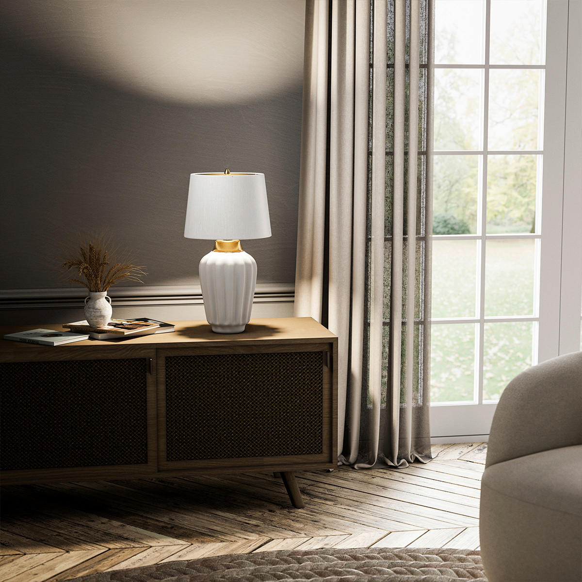 TISCHLEUCHTE - Weiss/Messingfarben, Design, Keramik/Textil (30/56.2cm) - Elstead Lighting