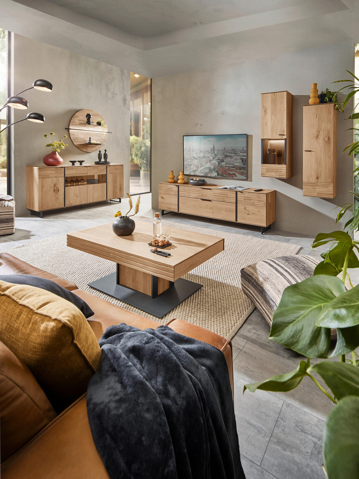 WOHNWAND  in Eichefarben  288/212/44 cm  - Eichefarben/Anthrazit, Natur, Glas/Holz (288/212/44cm) - Valnatura