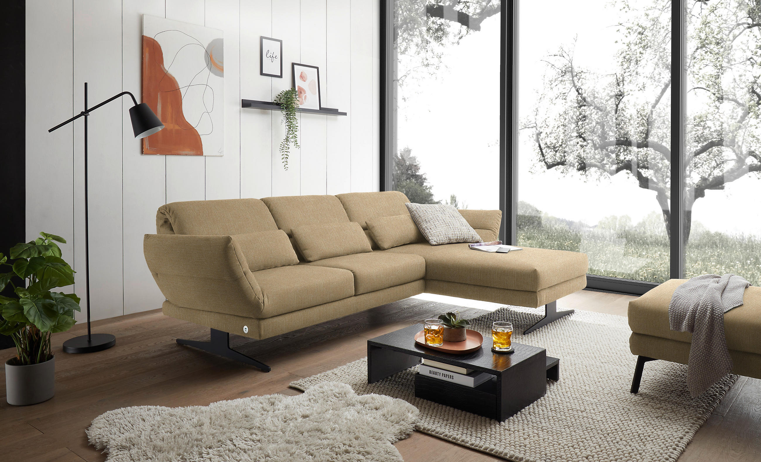 ECKSOFA in Flachgewebe Senfgelb  - Senfgelb/Schwarz, Design, Textil/Metall (279-327/176-217cm) - Dieter Knoll