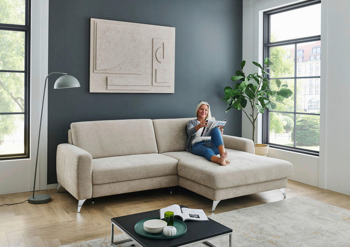 ECKSOFA  Chenille Beige  - Chromfarben/Beige, Design, Textil/Metall (222/167cm) - Beldomo Comfort
