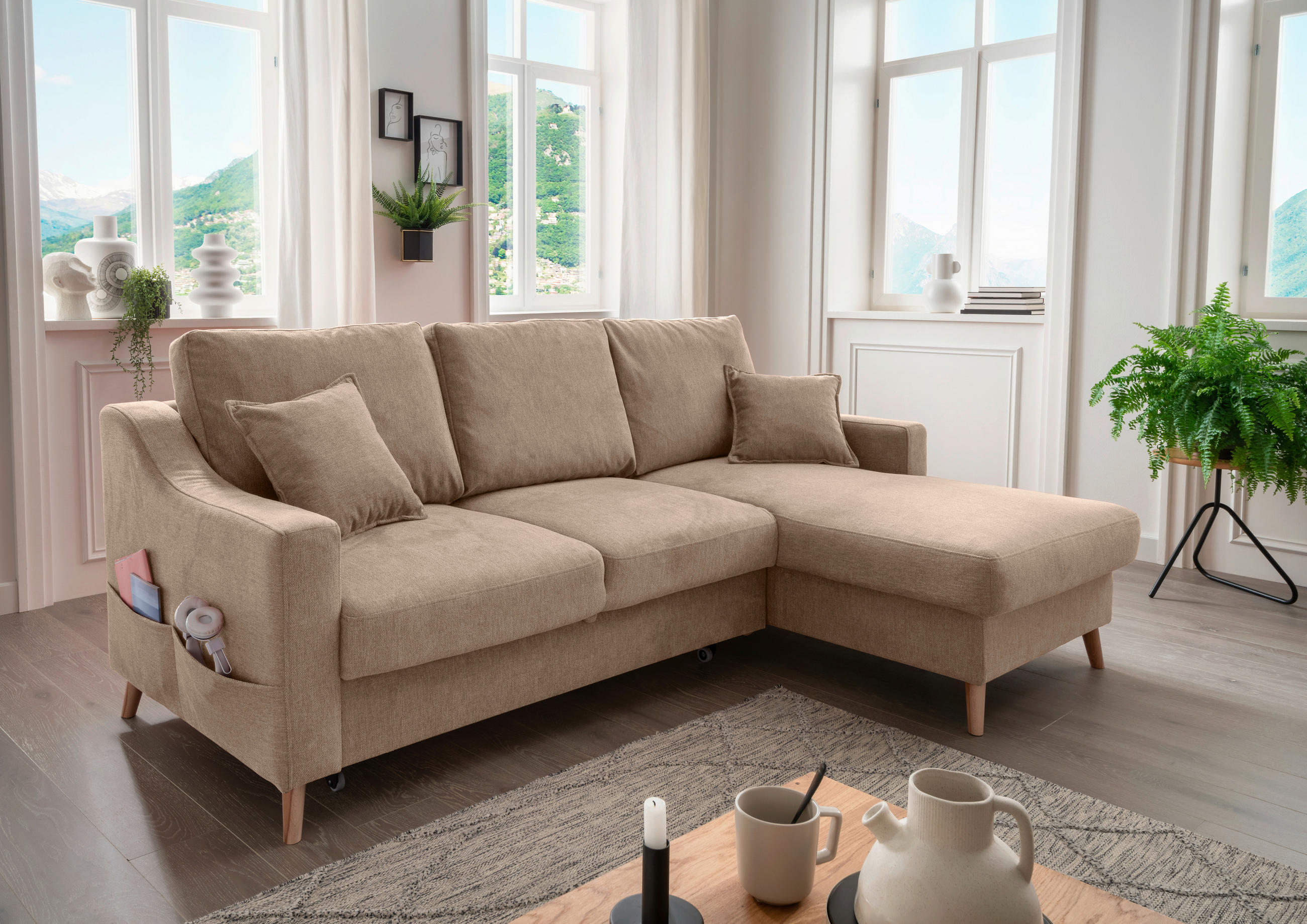 ECKSOFA Valentina Hellbraun Chenille  - Hellbraun/Naturfarben, MODERN, Holz/Textil (228/150cm) - Livetastic