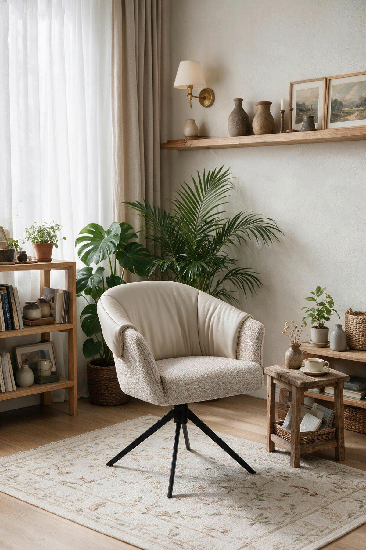 ARMLEHNSTUHL  Sitzfläche 360° drehbar, automatische Rückholfunktion Leinenoptik Echtleder  Beige, Creme, Schwarz  - Beige/Creme, Design, Leder/Textil (68,5/83/65,5cm) - Carryhome