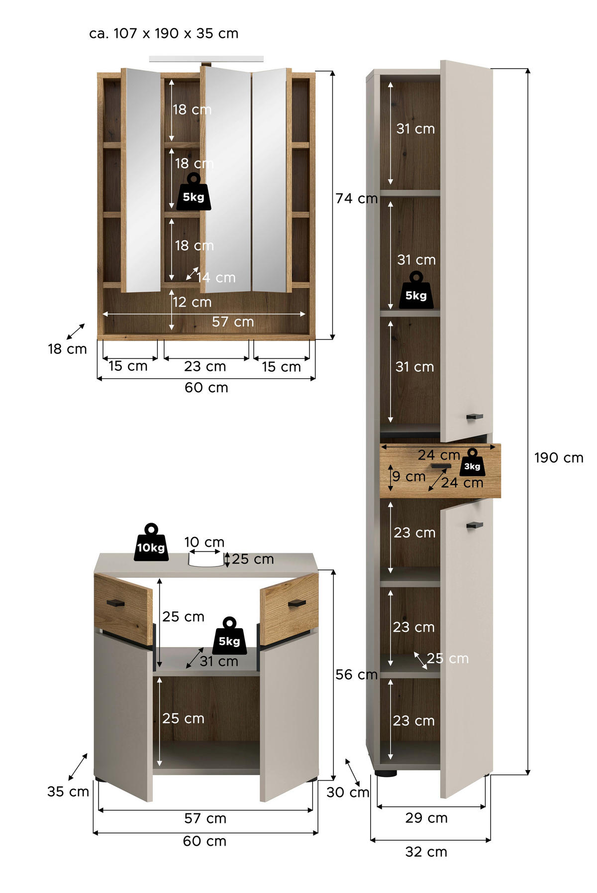 BADEZIMMER 3-teilig  in 92 cm  - Kaschmir/Eichefarben, Trend, Glas/Holzwerkstoff (92cm) - MID.YOU