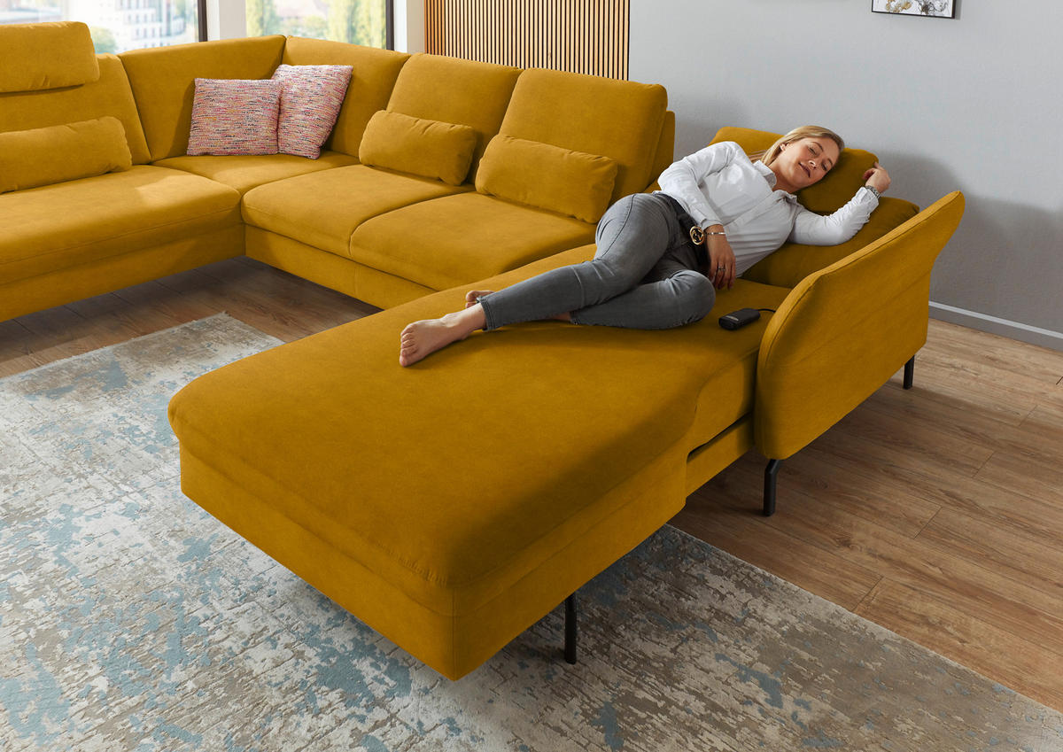 WOHNLANDSCHAFT in Velours Currygelb  - Currygelb/Schwarz, Design, Textil/Metall (220/335/179cm) - Beldomo System