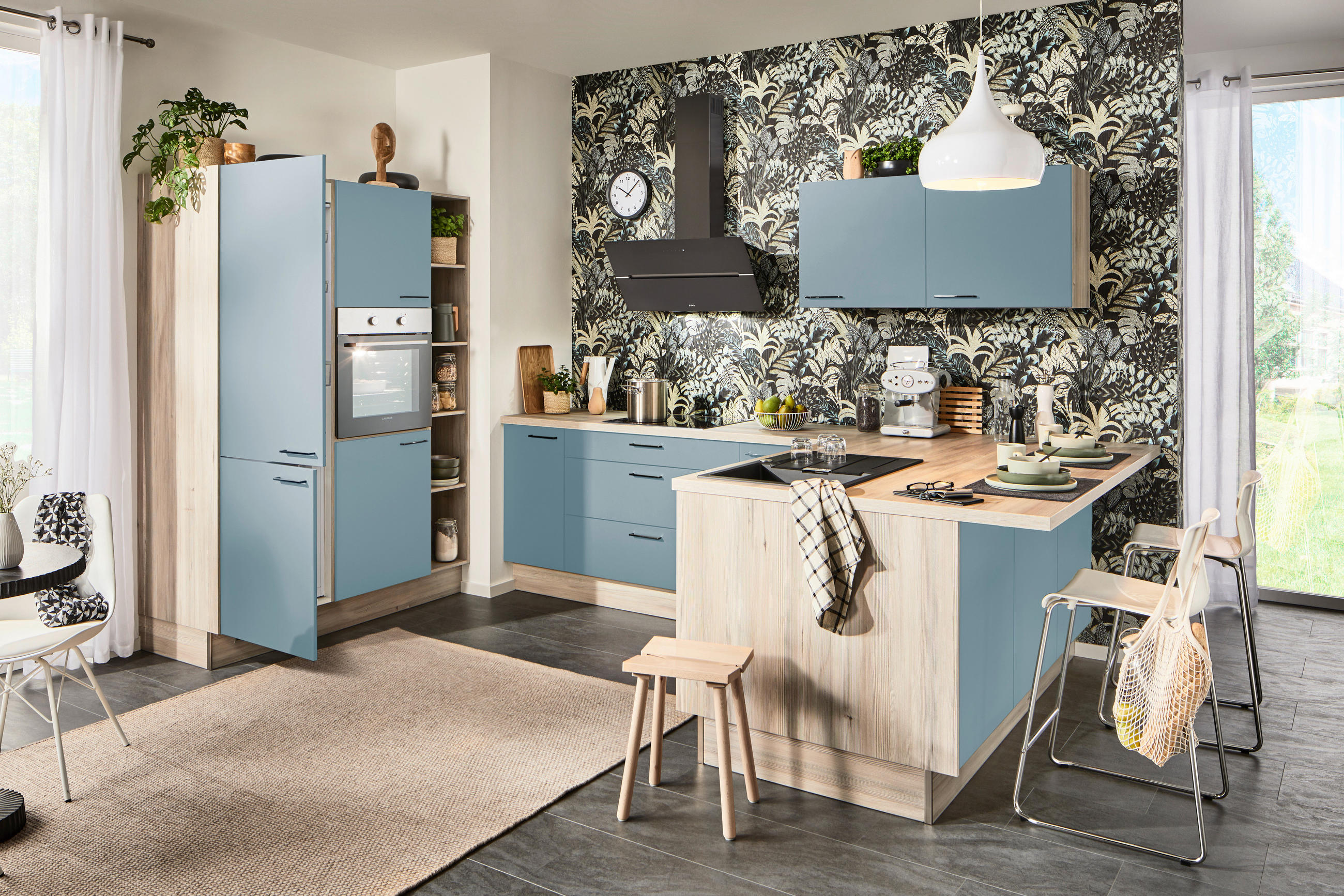 ECKKÜCHE  in Pastellblau, Tannenholzfarben  - Pastellblau/Tannenholzfarben, Design, Holzwerkstoff/Metall (150/280/121,6cm) - Xora