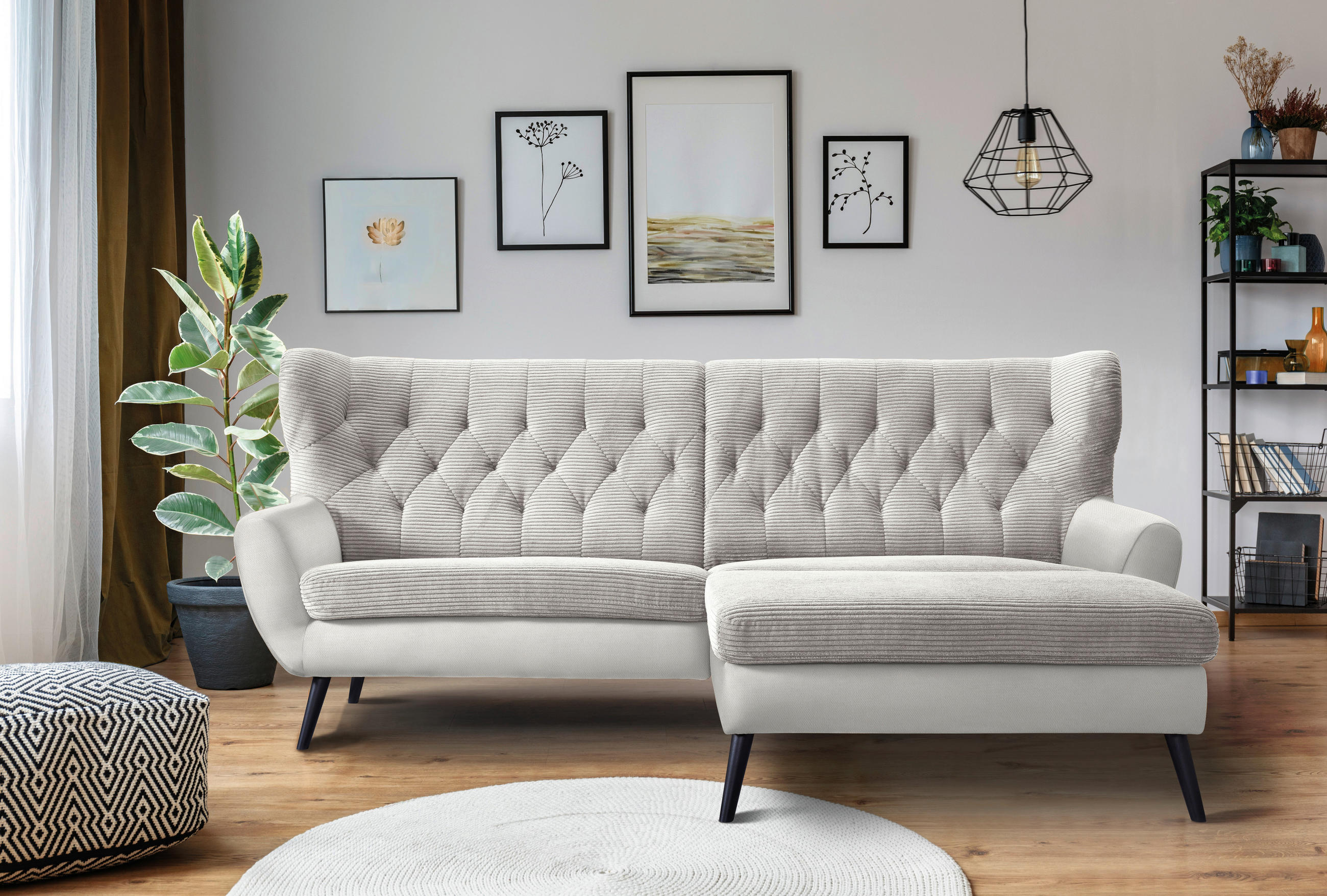 ECKSOFA Creme Cord  - Creme/Schwarz, Design, Holz/Textil (237/165cm) - Stylife