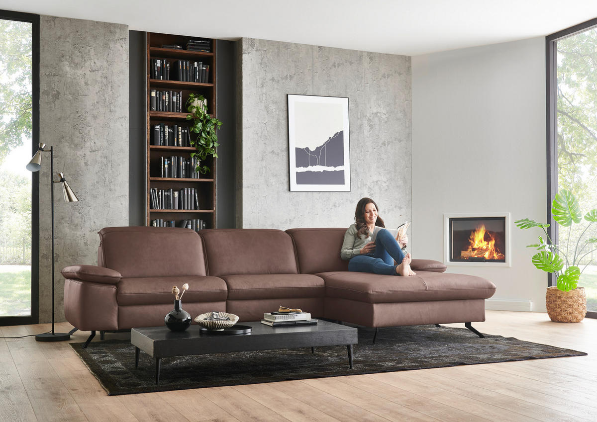 ECKSOFA Echtleder Rotbraun  - Rotbraun/Schwarz, Design, Leder/Metall (307/169cm) - Beldomo Premium