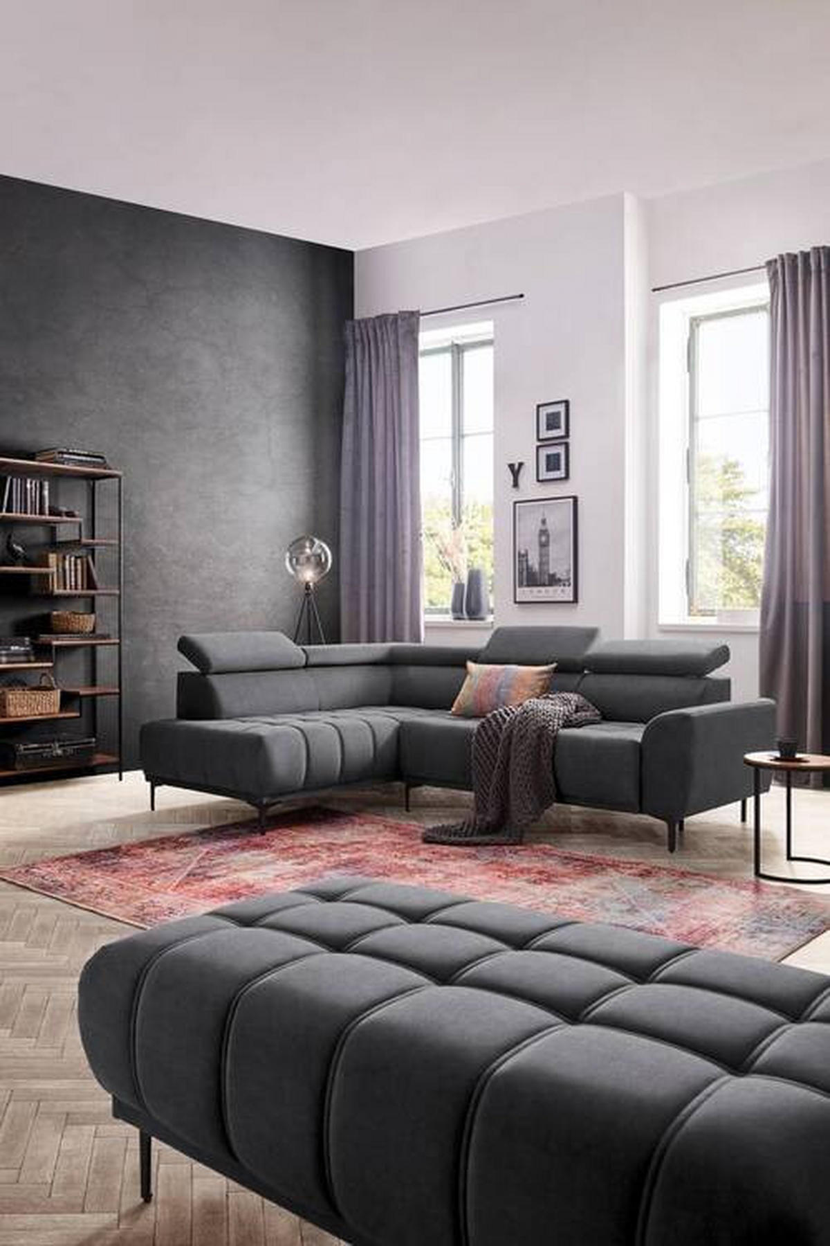 ECKSOFA in Velours Graphitfarben  - Schwarz/Graphitfarben, Design, Textil/Metall (191/261cm) - Stylife