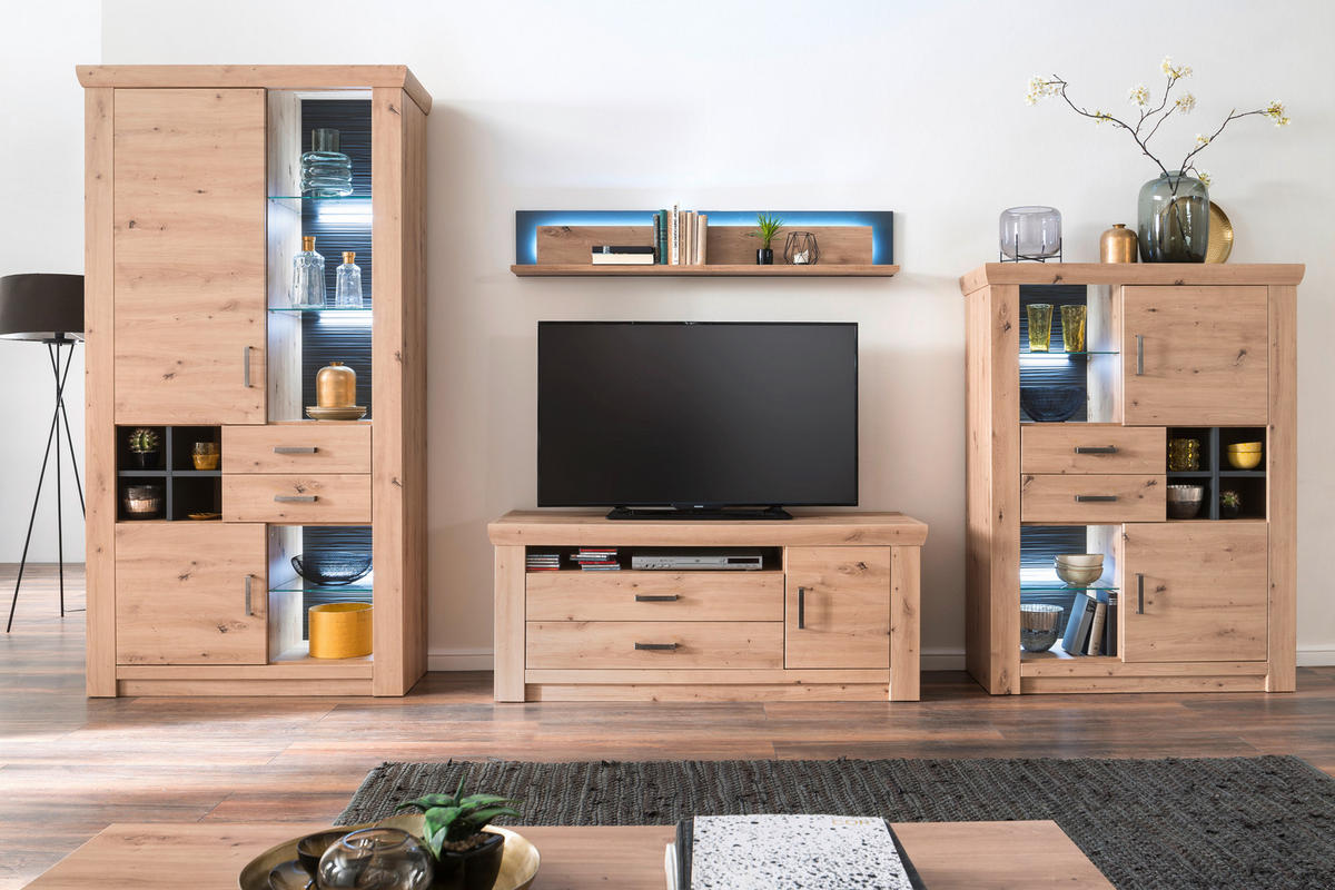 WOHNWAND Maputo  in Anthrazit, Eichefarben  371/211/55 cm  - Eichefarben/Anthrazit, Design, Glas/Holzwerkstoff (371/211/55cm) - Livetastic