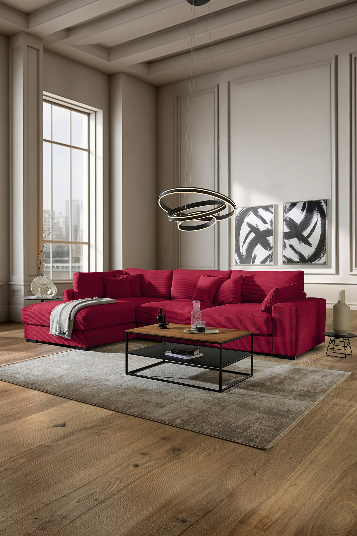 ECKSOFA in Cord Rot  - Rot/Schwarz, Design, Kunststoff/Textil (205/340cm) - Lomoco