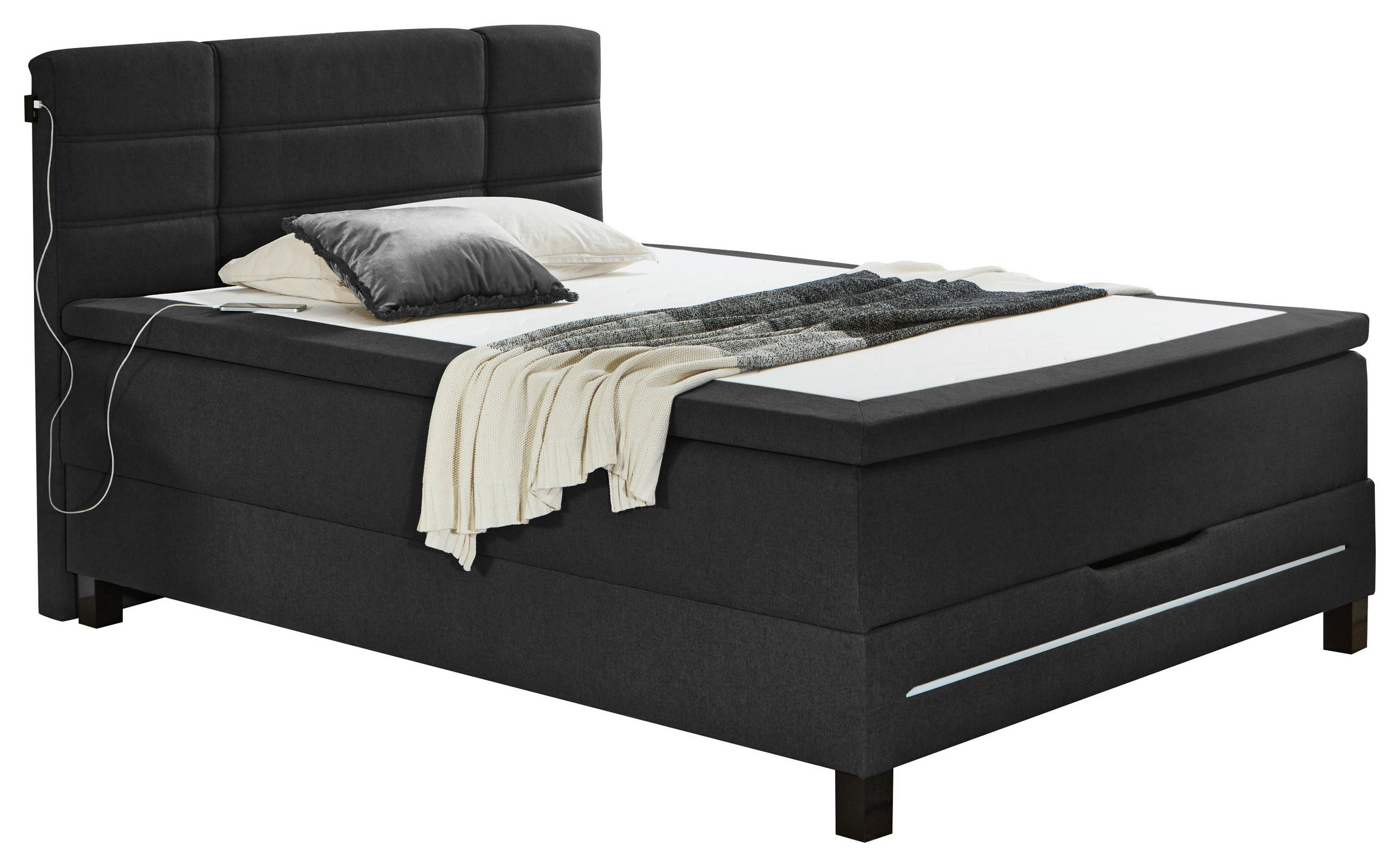 Thumbnail - Boxxx Boxspringbett, Anthrazit, Holzwerkstoff, H3, Höhe ca. 24 cm, 140x200 cm, Oeko-Tex® Standard 100, Bettkasten, gepol...