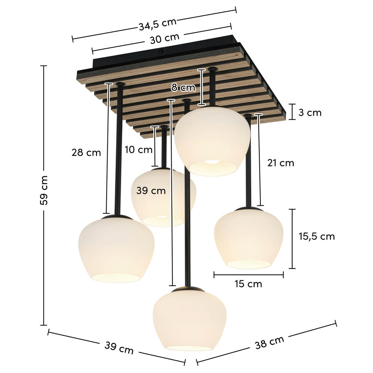 HÄNGELEUCHTE 38/39/59 cm   - Eichefarben/Schwarz, Trend, Glas/Holzwerkstoff (38/39/59cm) - Collet's Monde